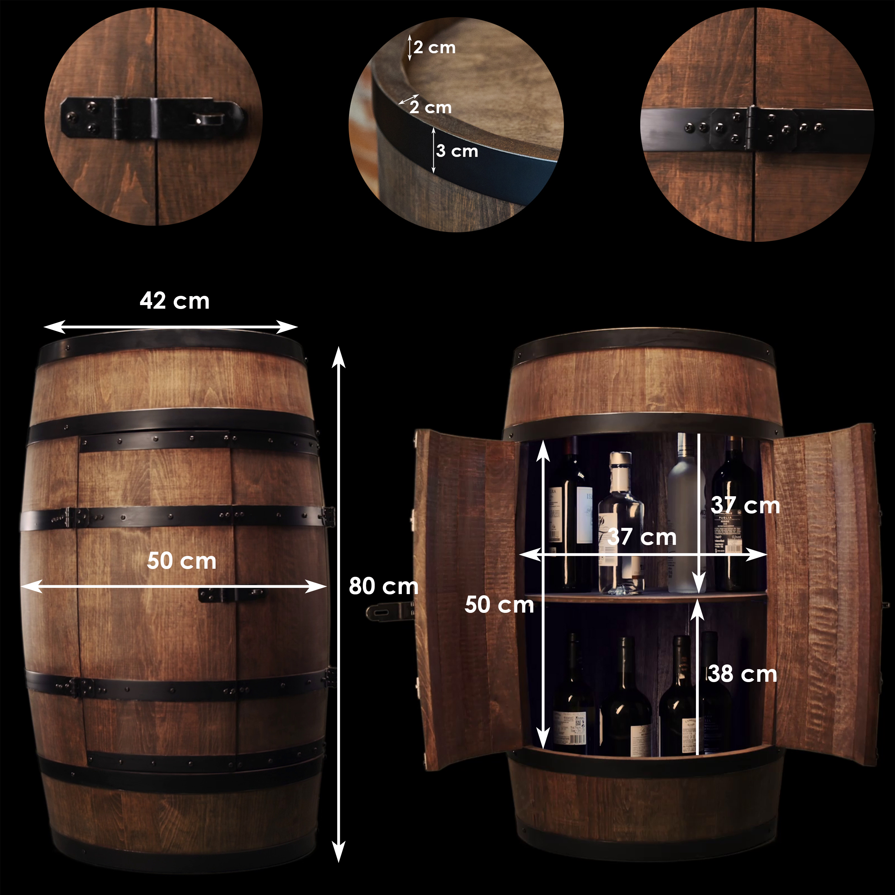 Holzfass mit Türen in Farbton Wenge Hausbar mit LED – Weinregal & Flaschenständer, Bar oder Partykeller – ca. 80 cm Ohne LED