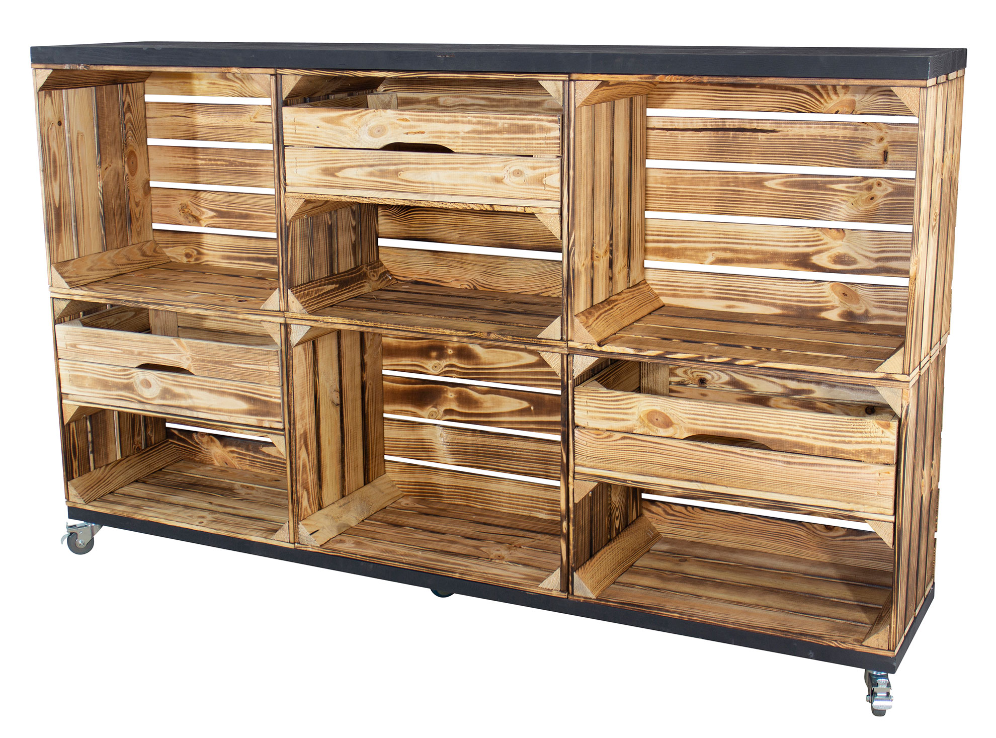 Kommode aus 6 geflammten Kisten mit 3 Schubladen und 2 schwarzen Bohlenbrettern auf Rollen 150x93x30cm Kommode aus 6 geflammten Kisten mit 3 Schubladen und 2 schwarzen Bohlenbrettern auf Rollen 150x93x30cm