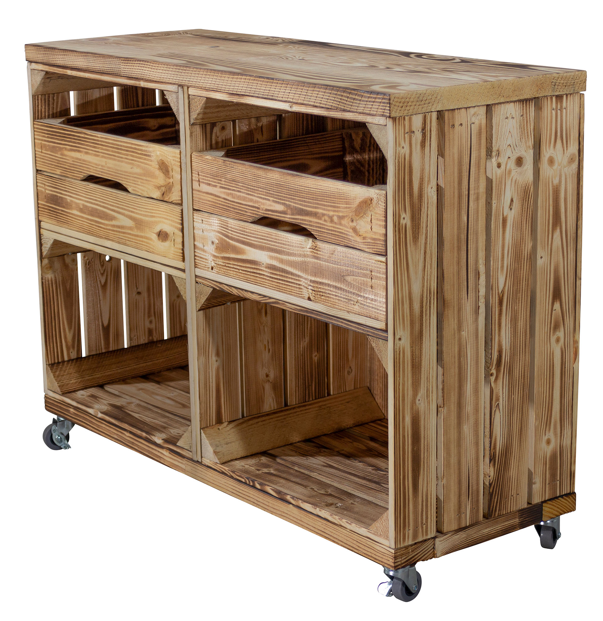 Regal aus zwei geflammten Kisten mit zwei Schubladen und Bohlenbrett in geflammt auf Rollen Regal aus zwei geflammten Kisten mit zwei Schubladen und Bohlenbrett in geflammt auf Rollen