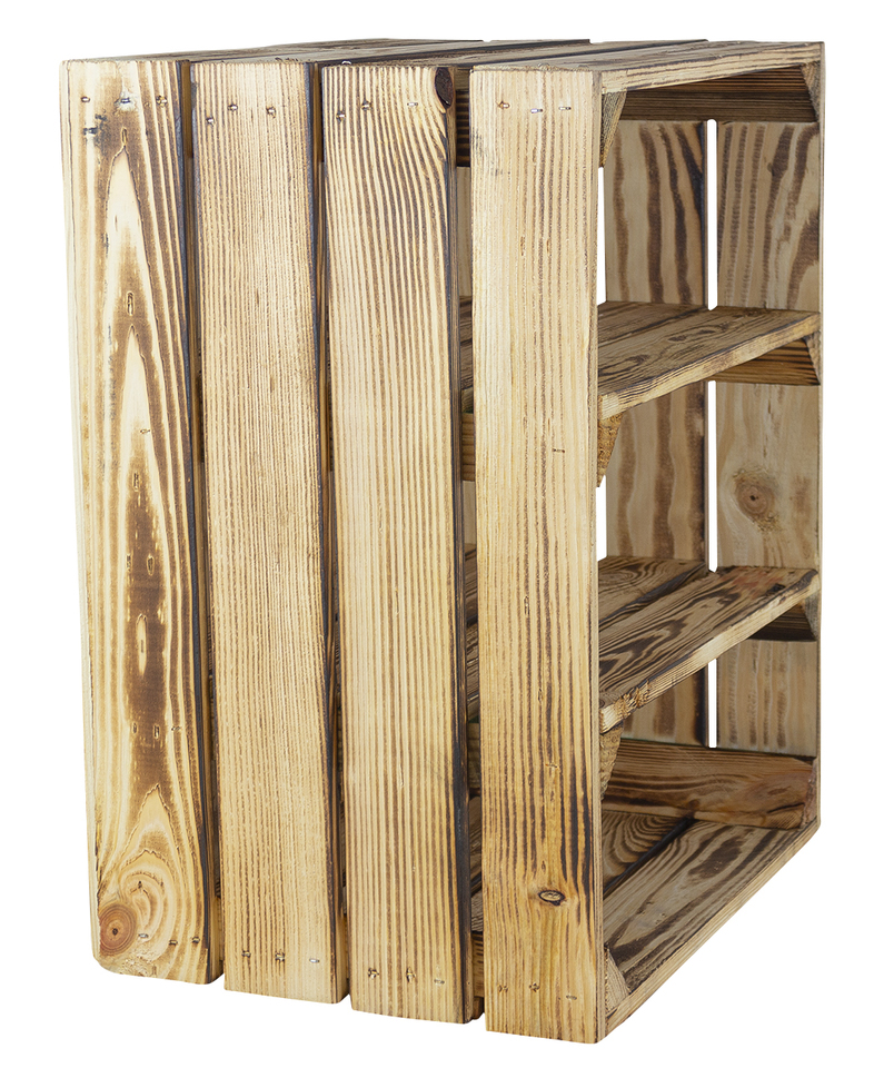 Geflammte Holzkiste mit 2 Mittelbrettern -quer- 50x40x30cm