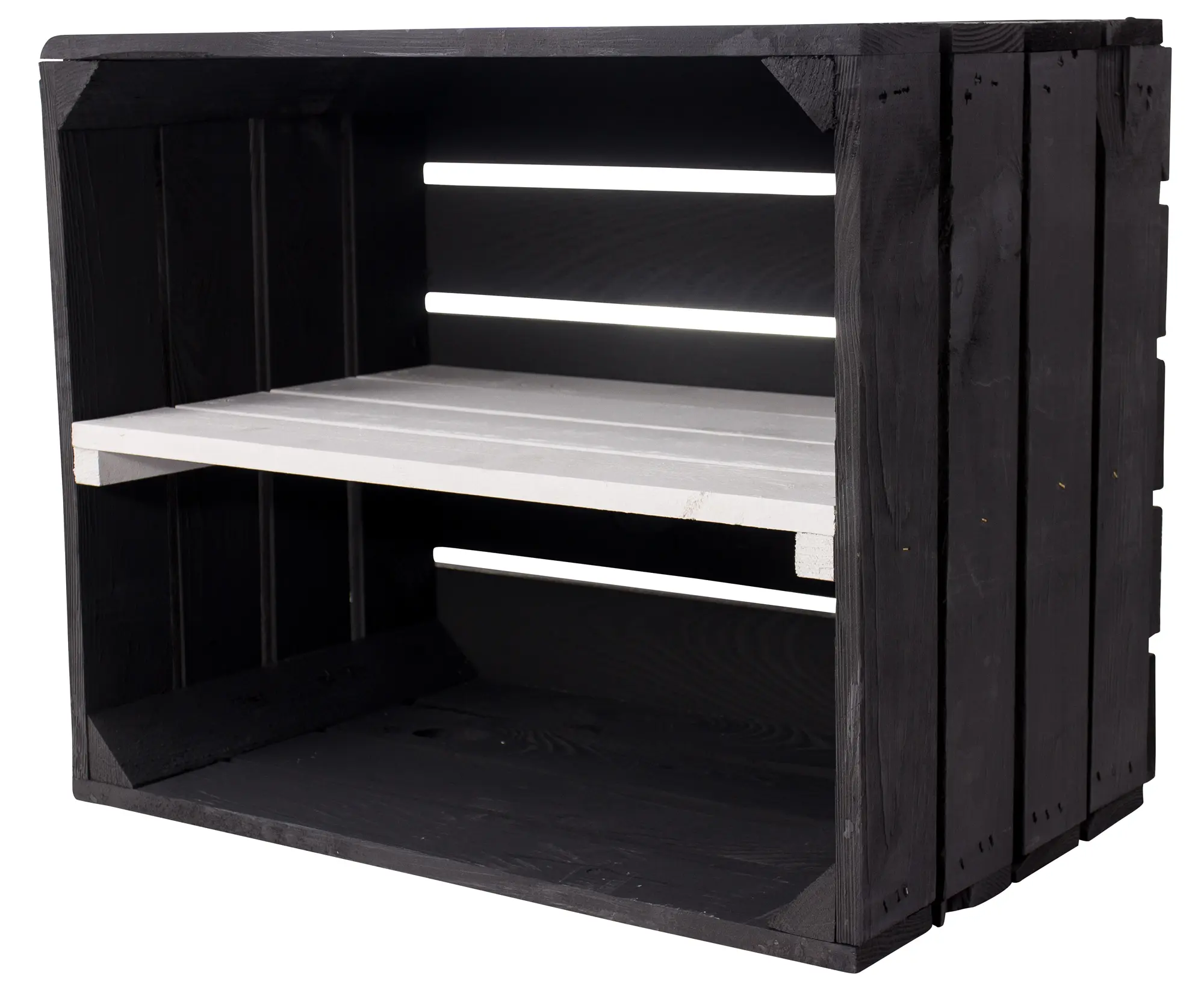 Schwarze Holzkiste mit weißem Mittelbrett -längs- 50x40x30cm Schwarze Holzkiste mit weißem Mittelbrett -längs- 50x40x30cm