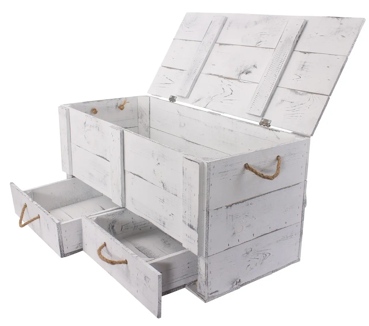 XXL Holztruhe Shabby mit 2 Schubladen und Kordel 85 x 39 x 40 cm