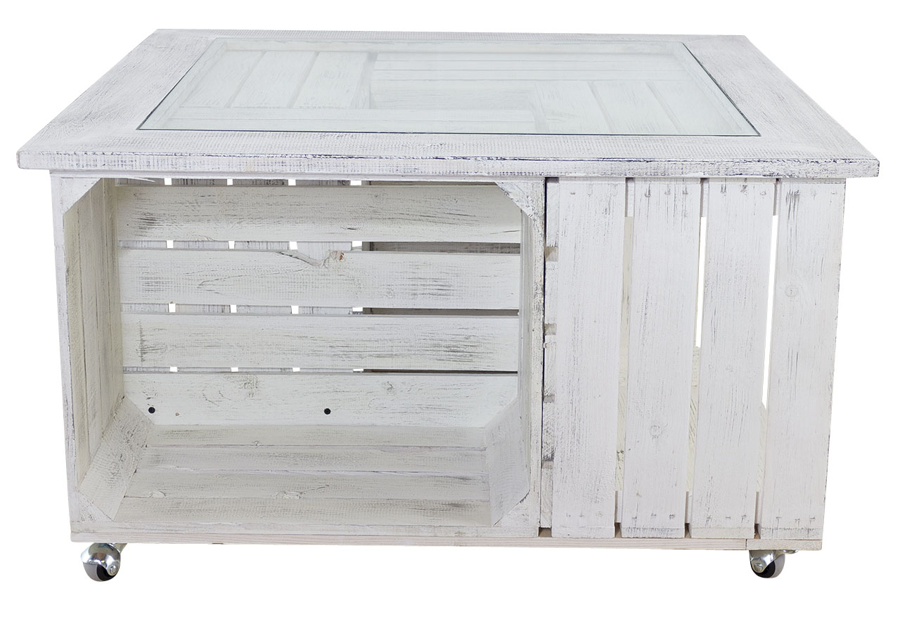 Weißer Tisch mit Glasplatte und Shabby Rahmen / besonders durch 4 Holzkisten für extra Stauraum / 85x85cm
