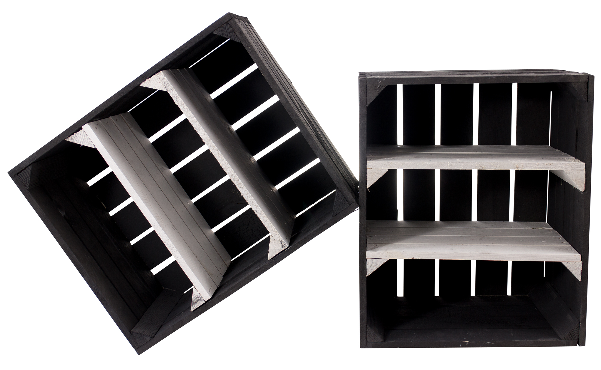 Schwarze Holzkiste mit 2 weißen Mittelbrettern -quer- 50x40x30cm