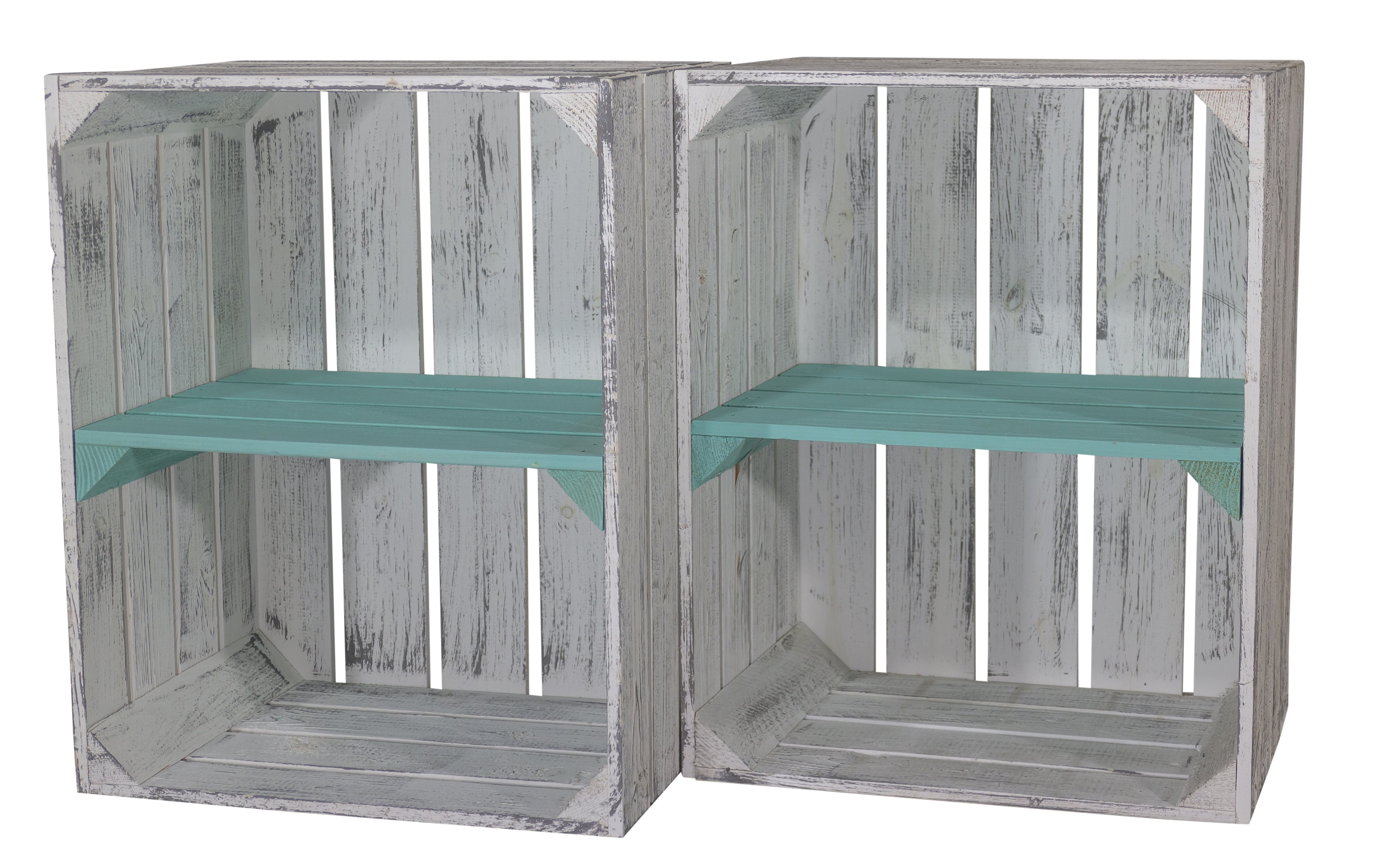 Shabby graue Obstkiste mit türkisem Mittelbrett -quer- 50 x 40 x 30cm