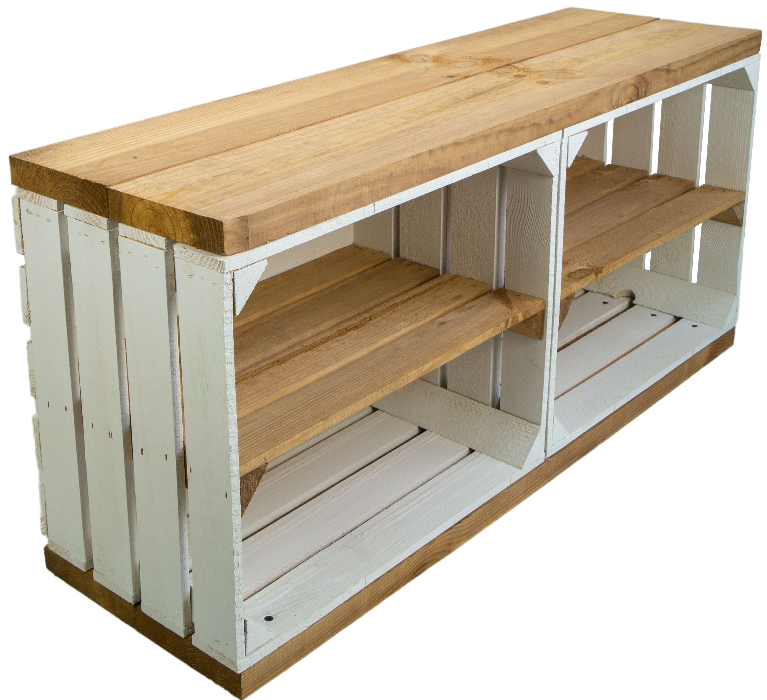 Weißer TV Schrank mit dicken Planken & Mittelbrett Natur Weißer TV Schrank mit dicken Planken & Mittelbrett Natur