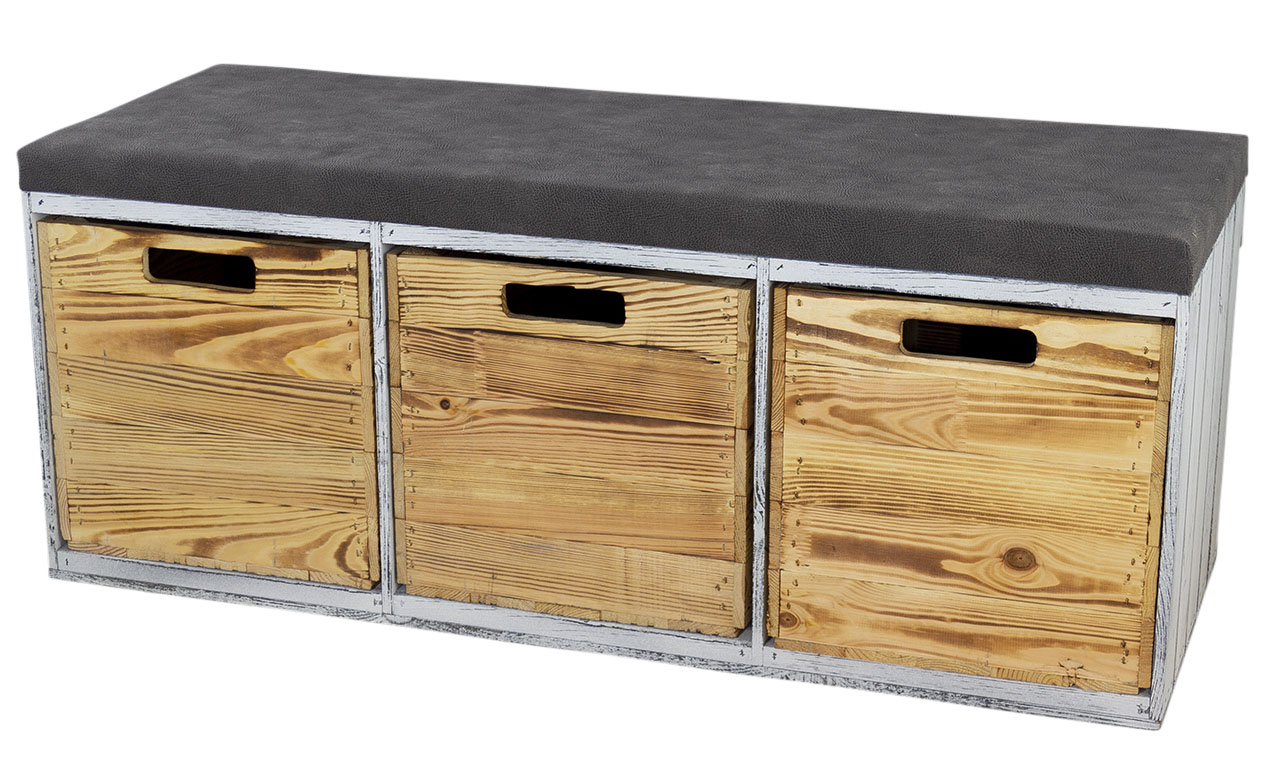 Shabby Sitzbank im Obstkisten Design mit Sitzpolster und 3 Kallax Einschubkisten 105x43x39xcm