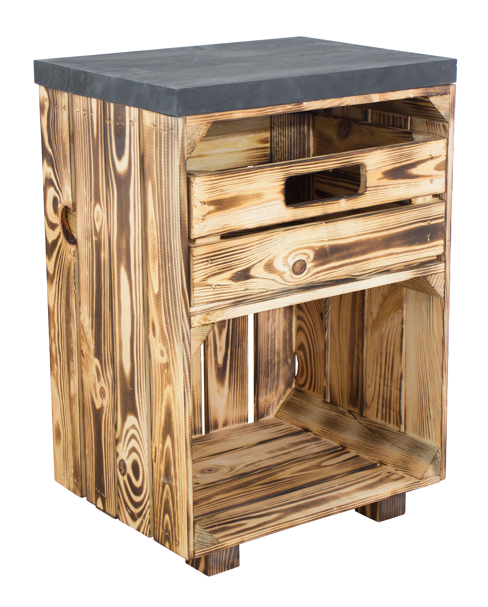 Nachttisch in geflammt mit Schublade und schwarzem Bohlenbrett auf Füßen, 40x57x30 Nachttisch in geflammt mit Schublade und schwarzem Bohlenbrett auf Füßen, 40x57x30