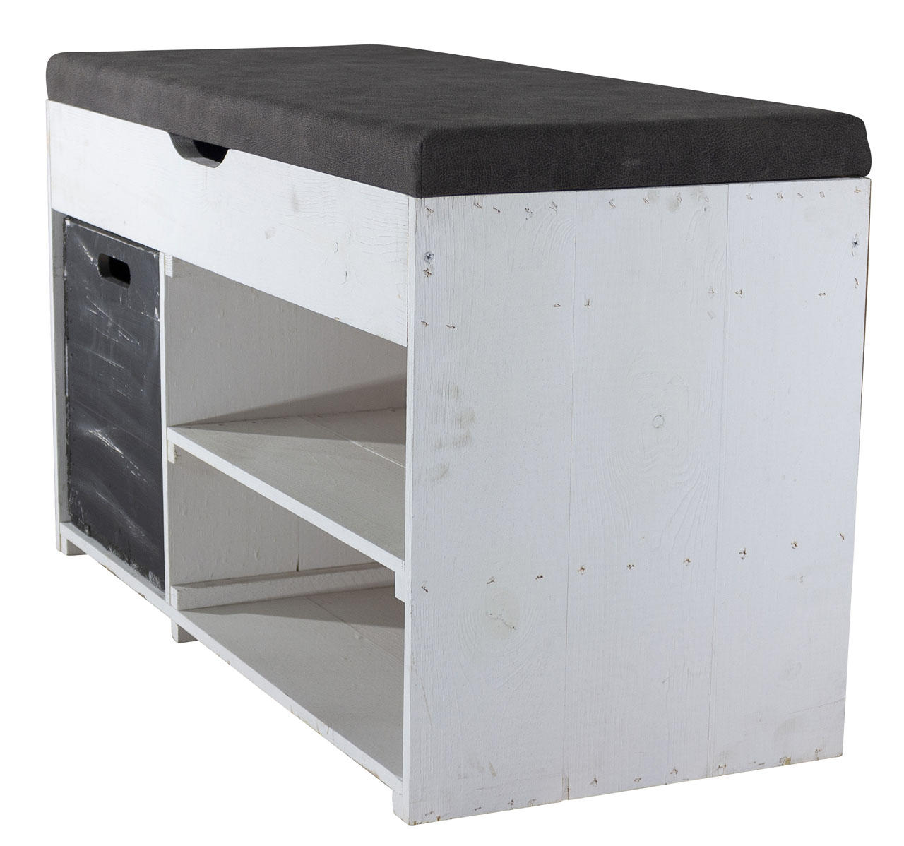 Weiße Sitzbank (Truhe) im Obstkisten Design mit Sitzpolster und Kallax Einschubkiste 90x52x39cm Weiße Sitzbank (Truhe) im Obstkisten Design mit Sitzpolster und Kallax Einschubkiste 90x52x39cm