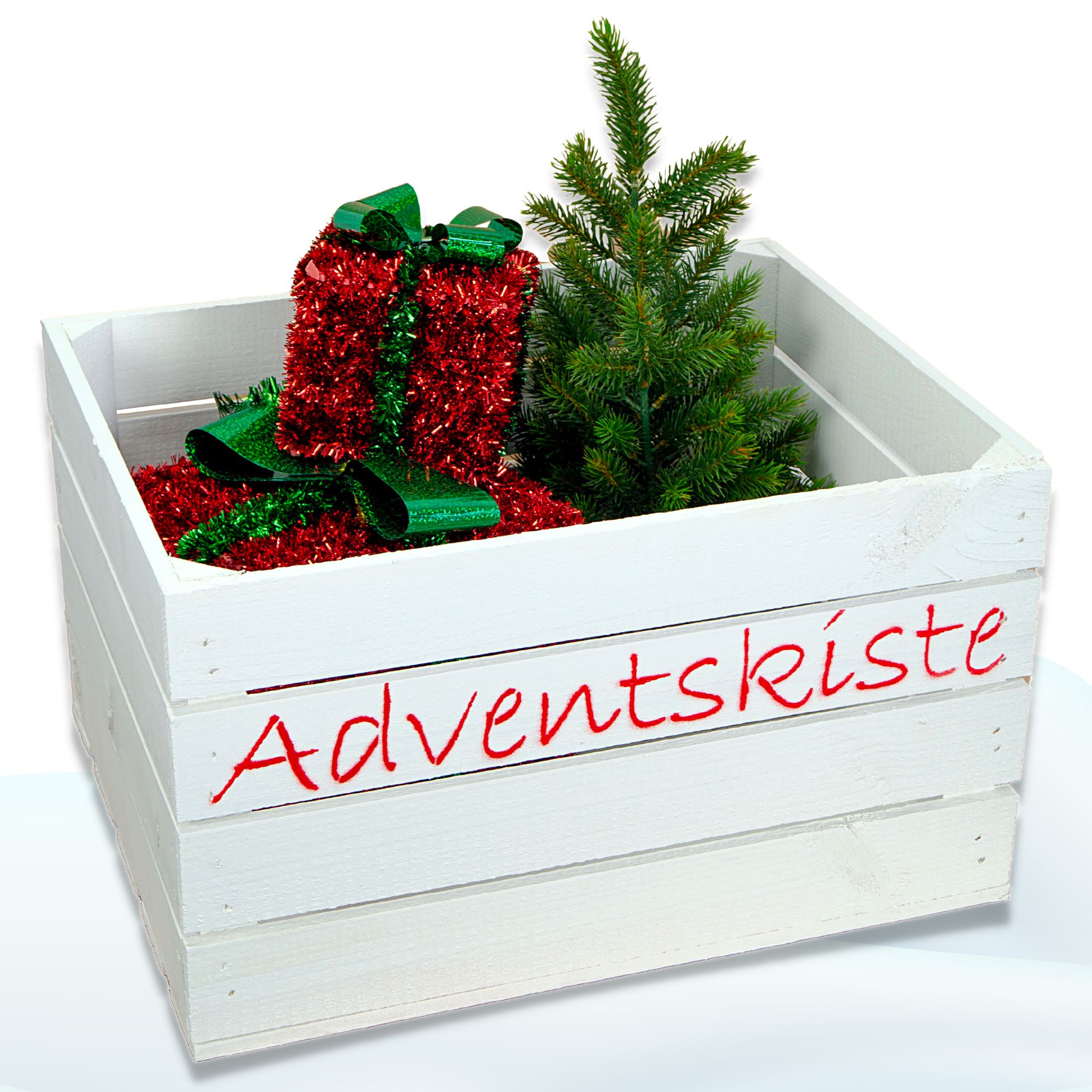 Weiße Kiste mit "Adventskiste" Aufdruck (rot) 50x40x30cm