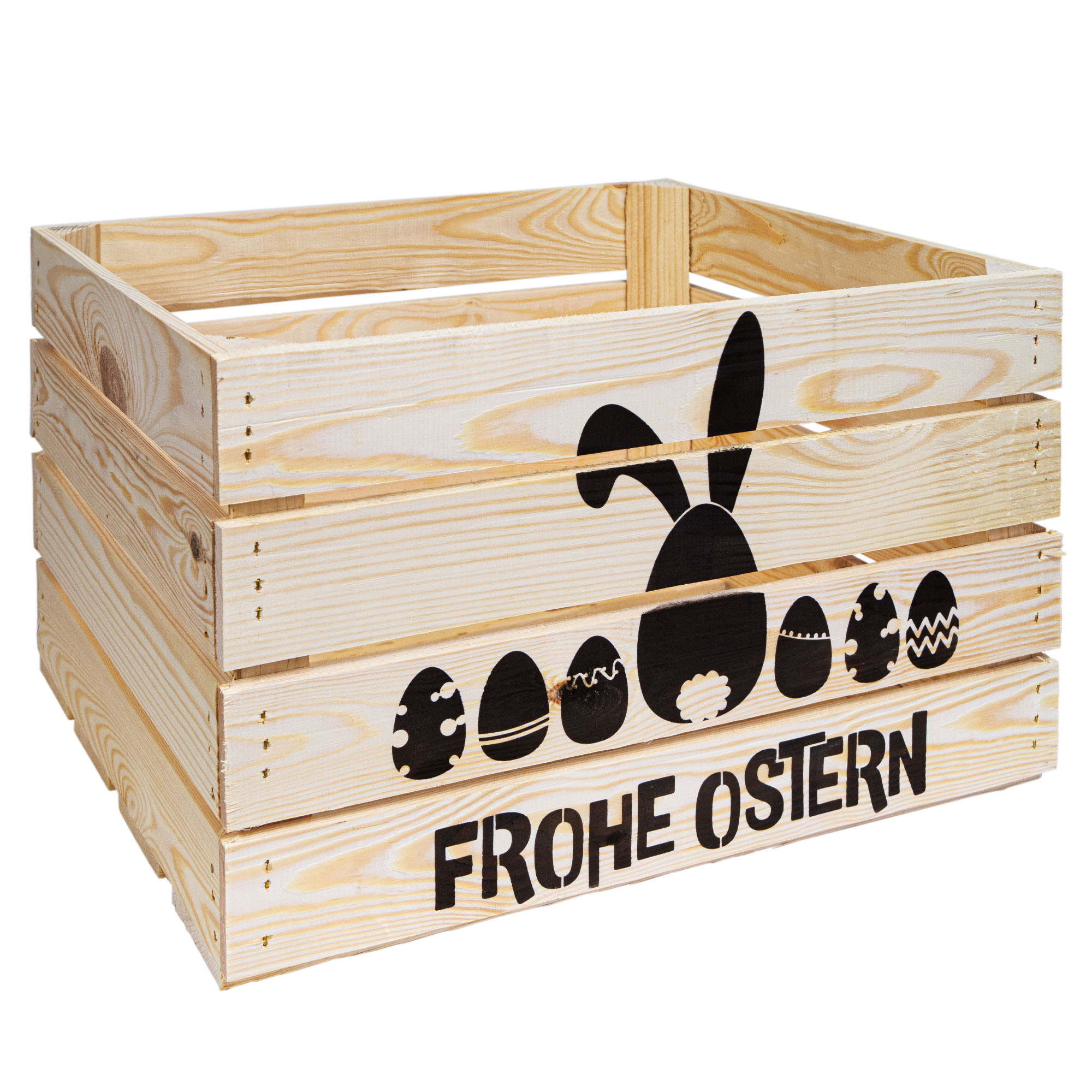 Holzkiste Johanna mit Ostermotiv Frohe Ostern (Hase und Eier) 50 x 40 x 30 cm – Osterdeko Natur Neu Osterkiste (Hase und Eier)