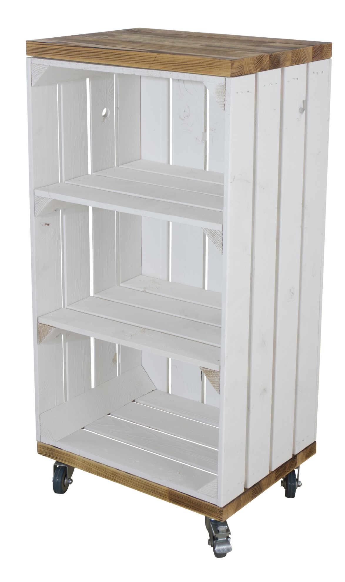 Weißes Regal mit 2 Mittelbrettern und 2 geflammten Bohlenbrettern, auf Rollen 74x40x30cm Weißes Regal mit 2 Mittelbrettern und 2 geflammten Bohlenbrettern, auf Rollen 74x40x30cm