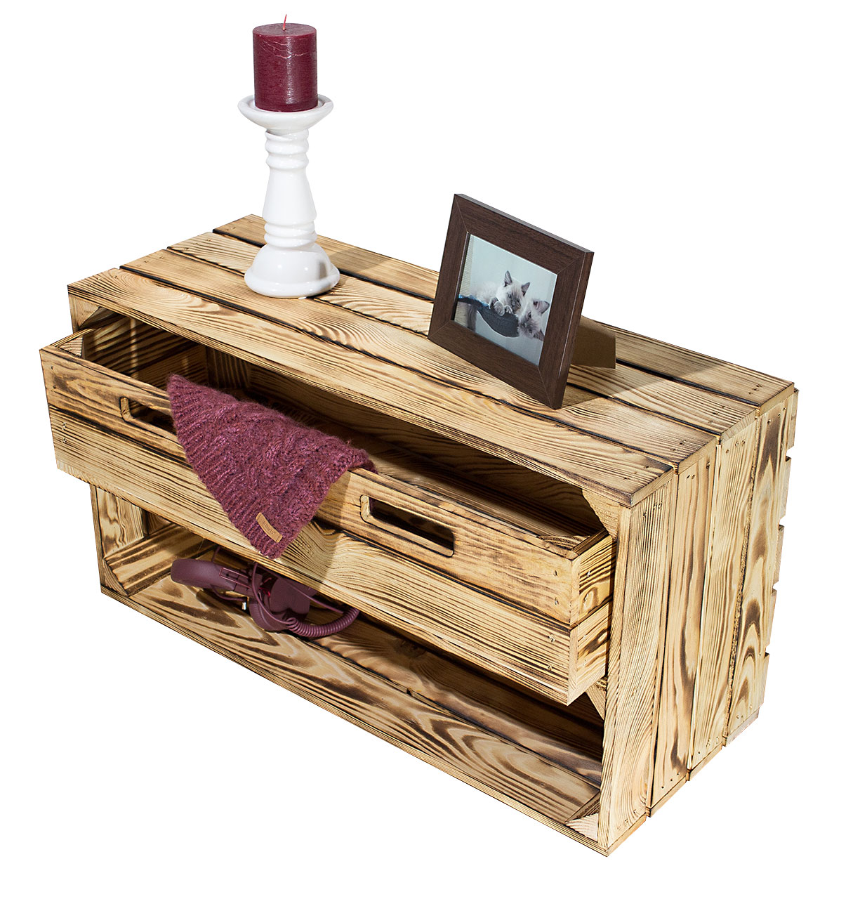 Breite geflammte Kiste mit Schublade 68x40,5x31cm 2x Breite geflammte Kiste mit Schublade