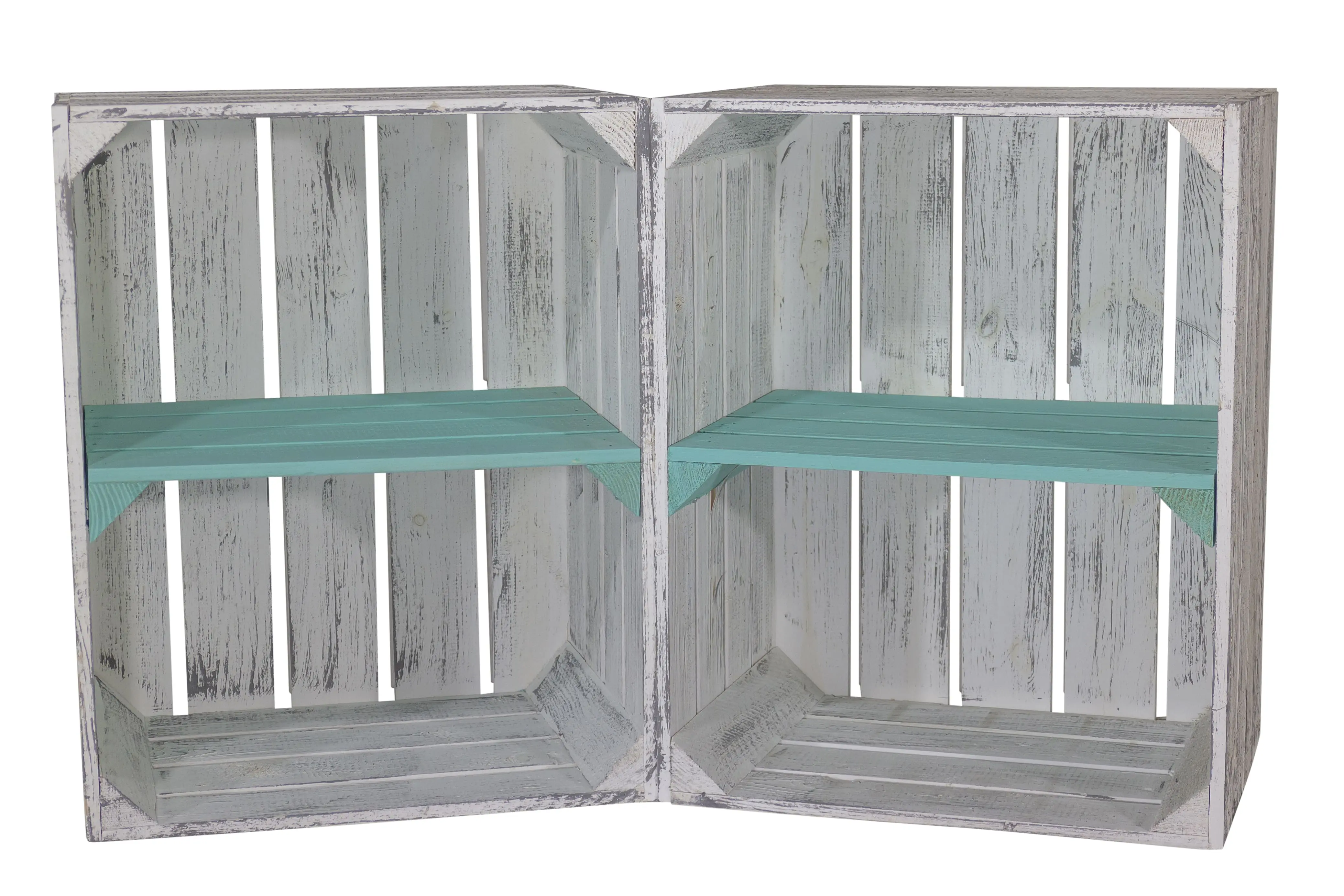 Shabby graue Obstkiste mit türkisem Mittelbrett -quer- 50 x 40 x 30cm