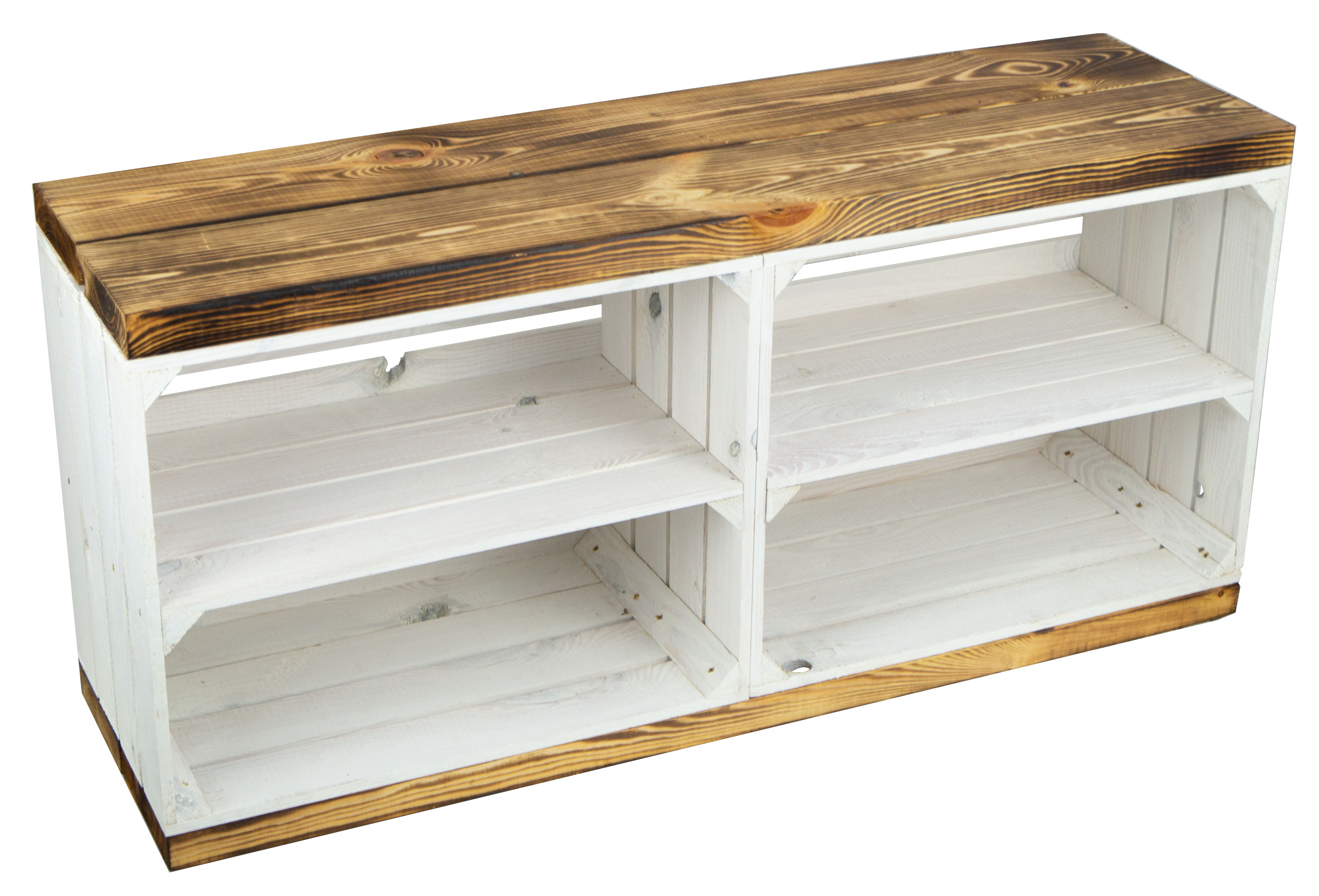 Sitzbank weiß mit Sitzfläche aus dicken Holzplanken geflammt mit Mittelbrett weiß