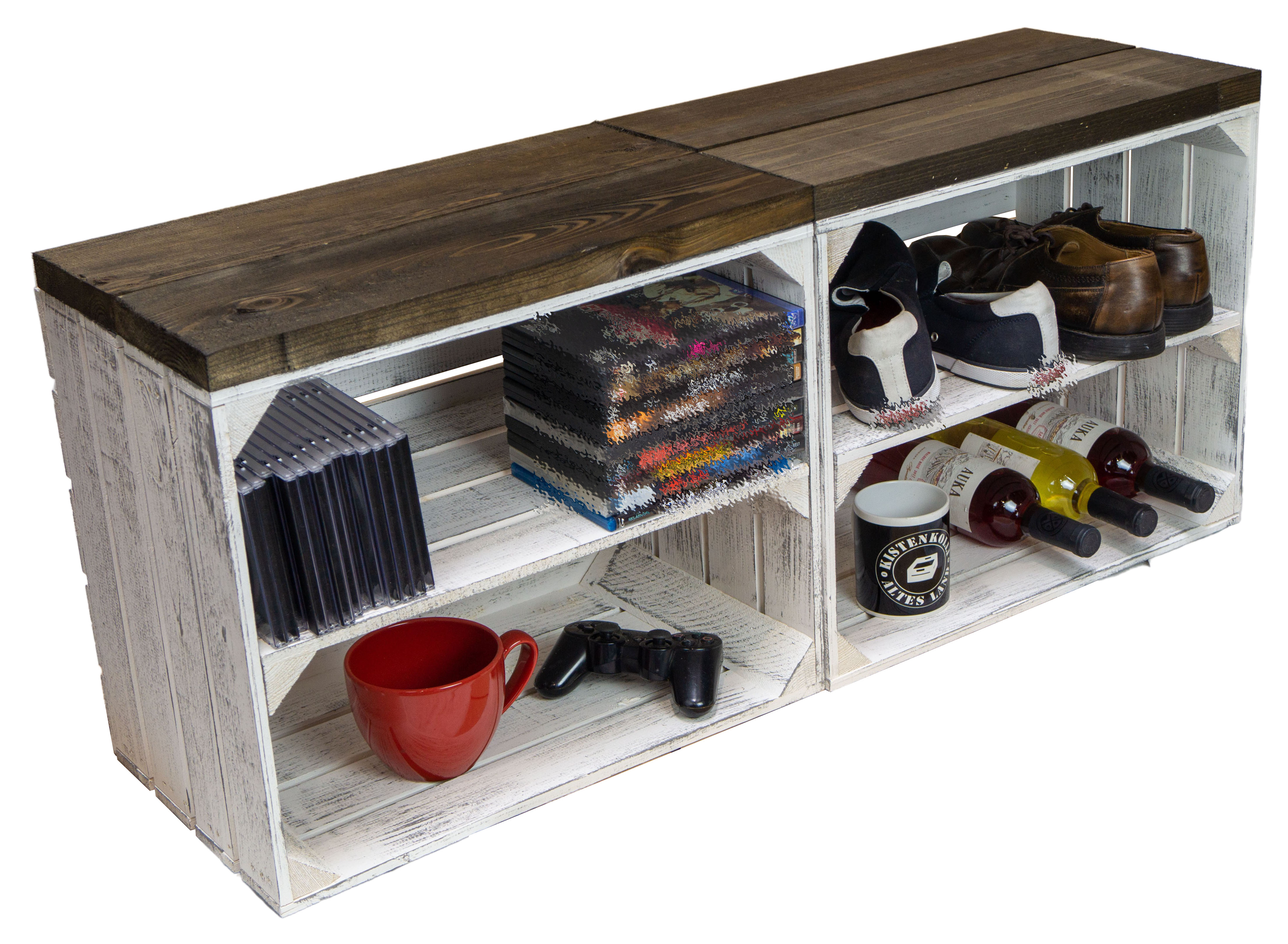 Sitzkiste Johanna - Shabby weiß längs - schwarze Planke Sitzkiste Johanna - Shabby weiß längs - schwarze Planke