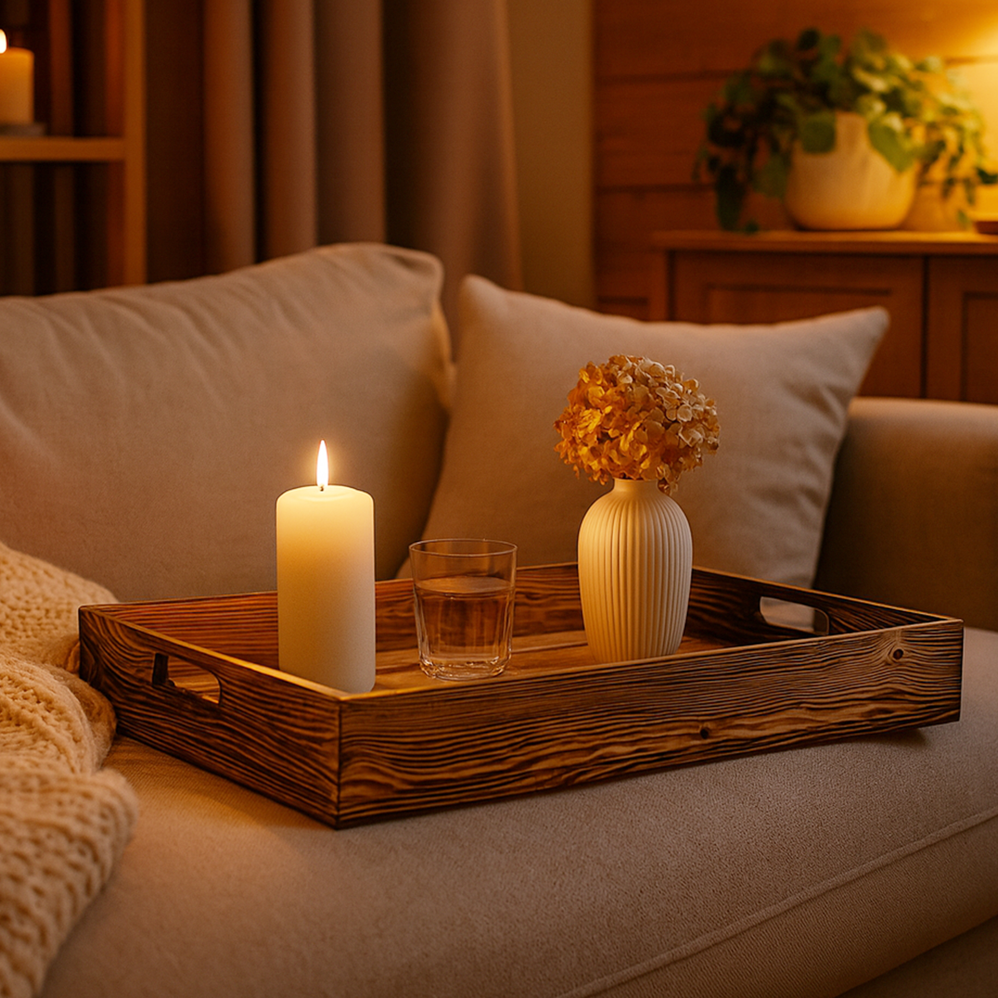 Serviertablett in geflammt 60x40x8cm Holztablett Frühstückstablet Bartablett