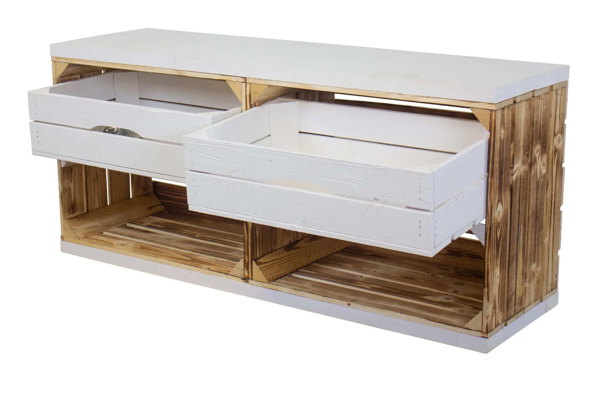 TV Lowboard aus 2 geflammten Kisten mit 2 Schubladen und 2 Bohlenbrettern 100x53x30 TV Lowboard aus 2 geflammten Kisten mit 2 Schubladen und 2 Bohlenbrettern 100x53x30