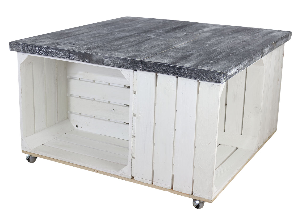Couchtisch aus weißen Apfelkisten und Tischplatte aus shabby schwarzen Holzbohlen auf Rollen 85x85xcm
