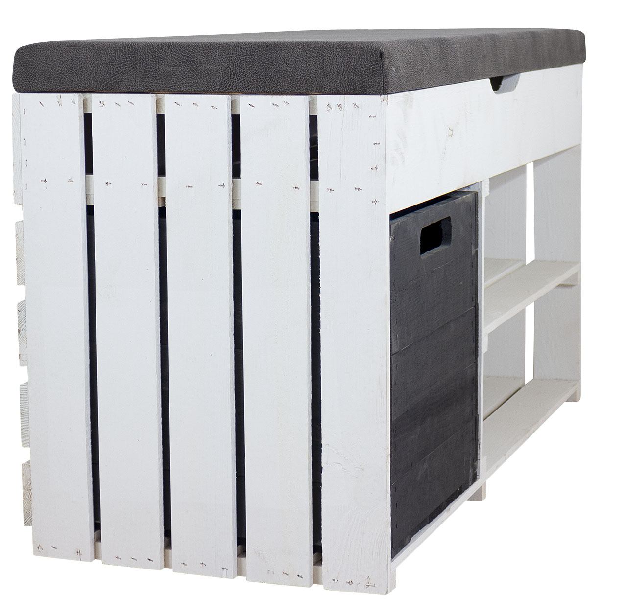 Gepolstertes, weißes Sitzregal mit Stauraum durch praktische schwarze Holzkiste / Regalboden / 90x52x39cm