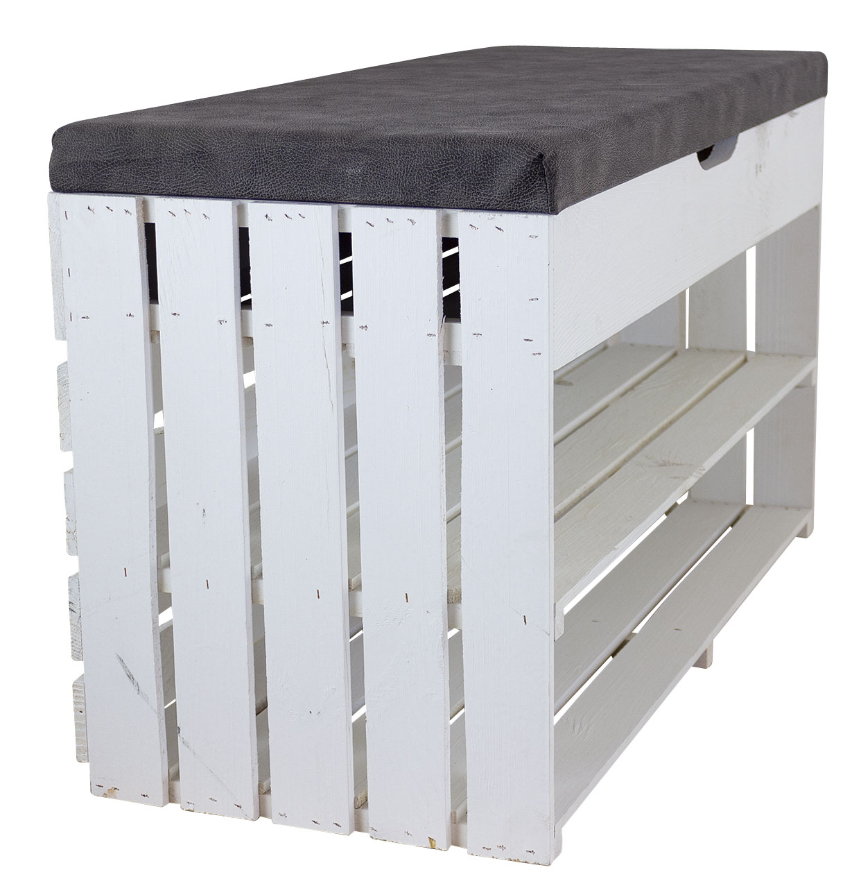 Weiße Sitzbank (Truhe) im Obstkisten Design mit Sitzpolster 90x52x39cm