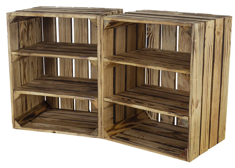 Geflammte Holzkiste mit 2 Mittelbrettern -quer- 50x40x30cm