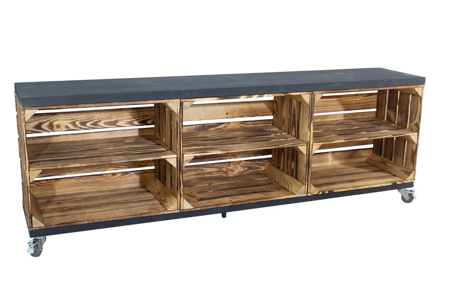 TV Lowboard geflammt mit 2 Bohlenbrettern in schwarz auf Rollen 150x53x30cm TV Lowboard geflammt mit 2 Bohlenbrettern in schwarz auf Rollen 150x53x30cm