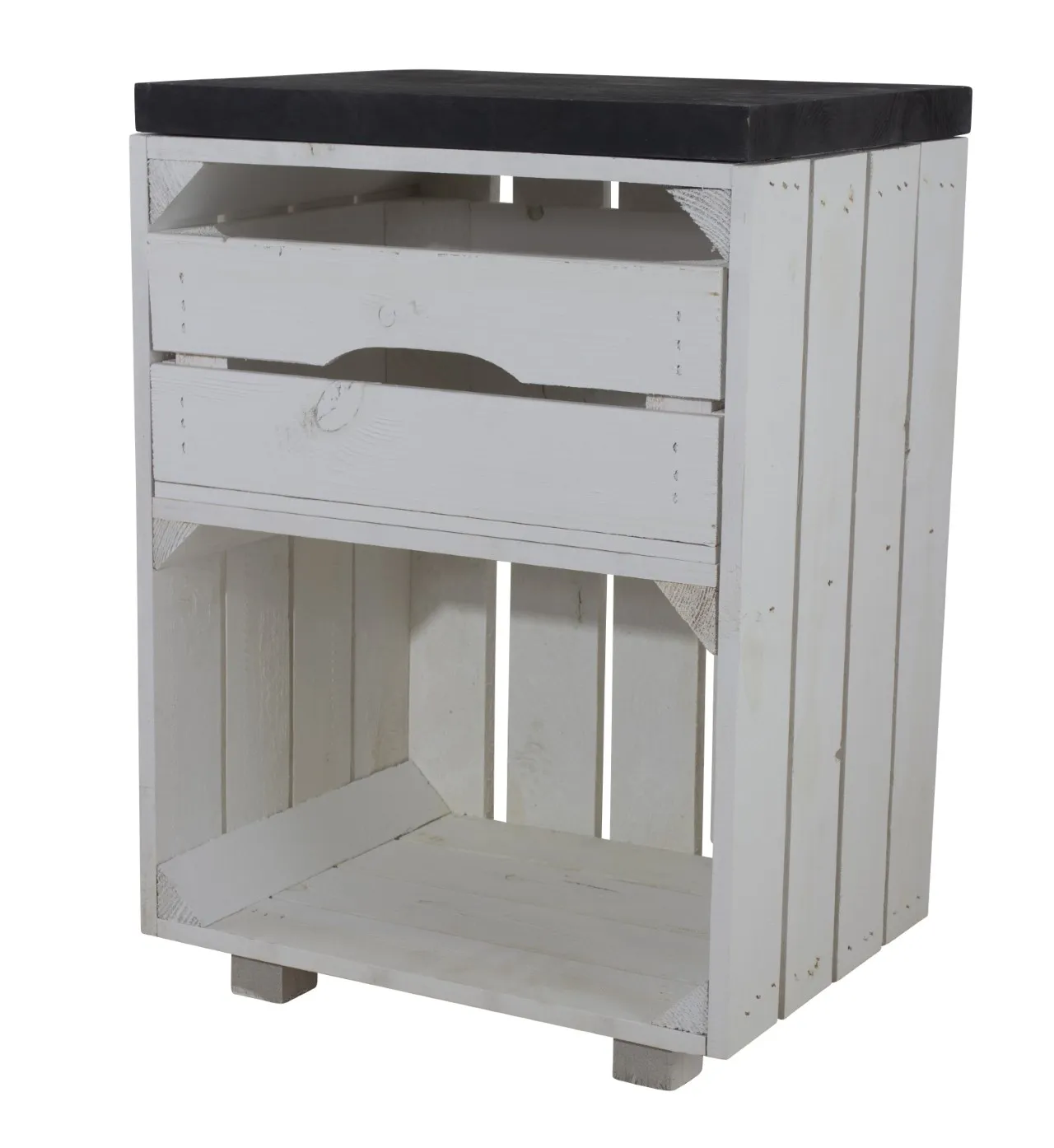 Weißer Nachttisch mit Schublade und einem schwarzen Bohlenbrett 30,5x40x57cm Weißer Nachttisch mit Schublade und einem schwarzen Bohlenbrett 30,5x40x57cm
