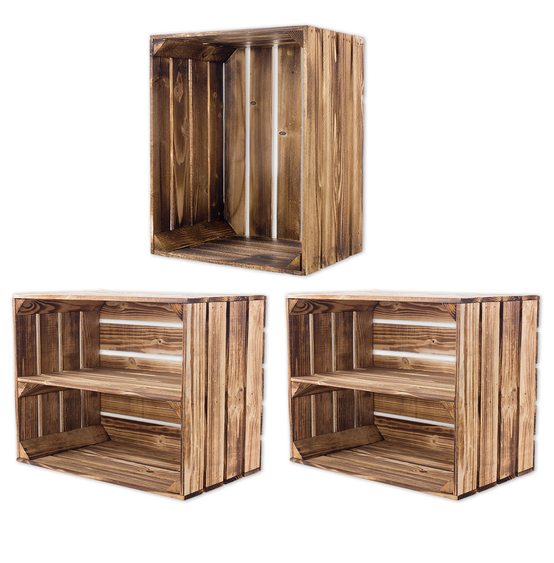 Gemischtes Set aus geflammten Holzkisten 50x40x30cm Gemischtes Set aus geflammten Holzkisten 50x40x30cm