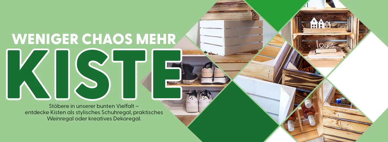 Kreative Einsatzmöglichkeiten von Holzkisten als Schuhregal, Weinkiste oder Dekoregal – Collage mit stilvoll eingerichteten Kisten.