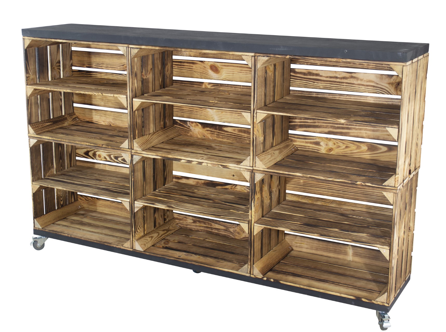 Raumtrenner / Kommode aus geflammten Kisten mit 2 Bohlenbrettern in schwarz auf Rollen 150x93x30cm