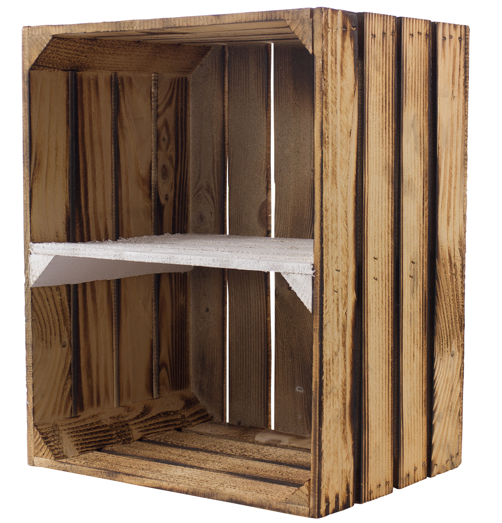 Geflammte Holzkiste mit Mittelbrett in weiß -quer- 50x40x30cm Geflammte Holzkiste mit Mittelbrett in weiß -quer- 50x40x30cm