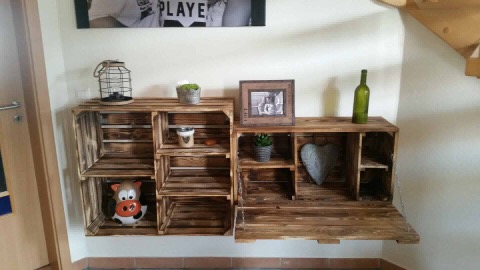 Geflammter Holzschrank mit 3 Mittelbretter 77x68x33cm Großes Obstkisten Regal Bertha geflammt 55x55x30cm