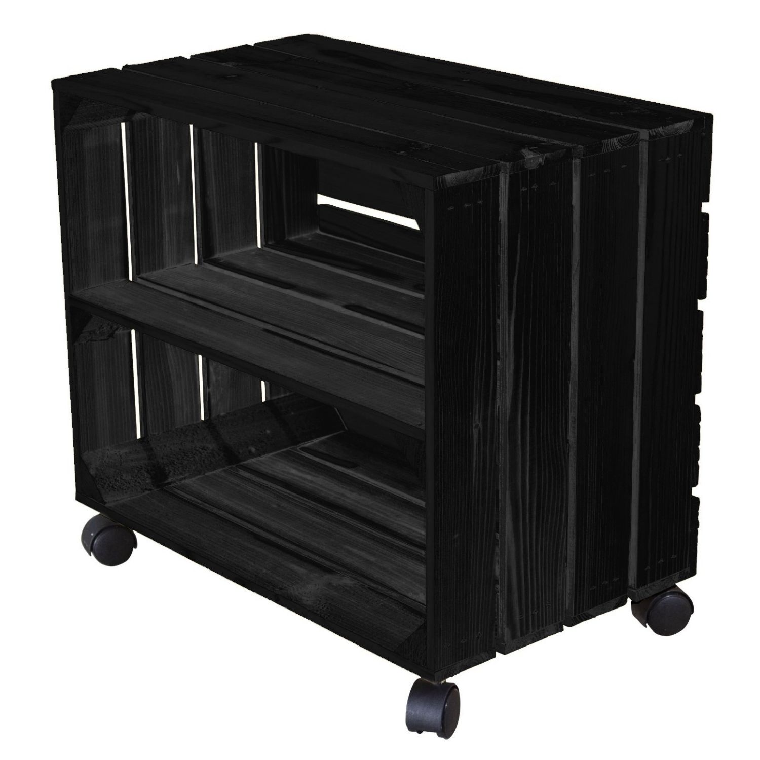 Schwarze Obstkiste mit Mittelbrett auf Rollen - Steige aus dem Alten Land 50x40x30cm 3er Set Obstkisten mt Rollen Restposten Überraschungspaket