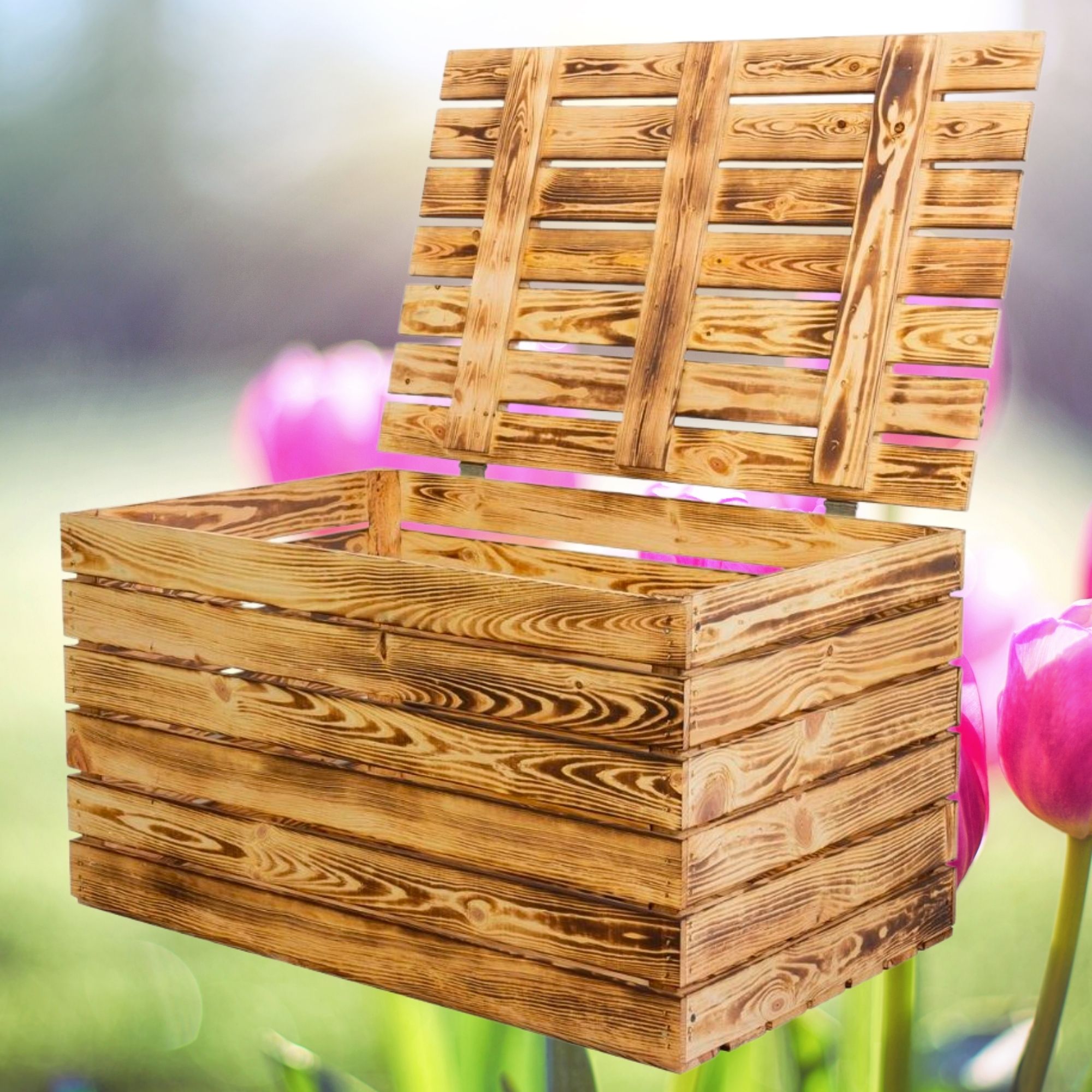 Neue Holztruhe geflammt *groß* 80x50x39cm Neue Holztruhe geflammt *groß* 80x50x39cm