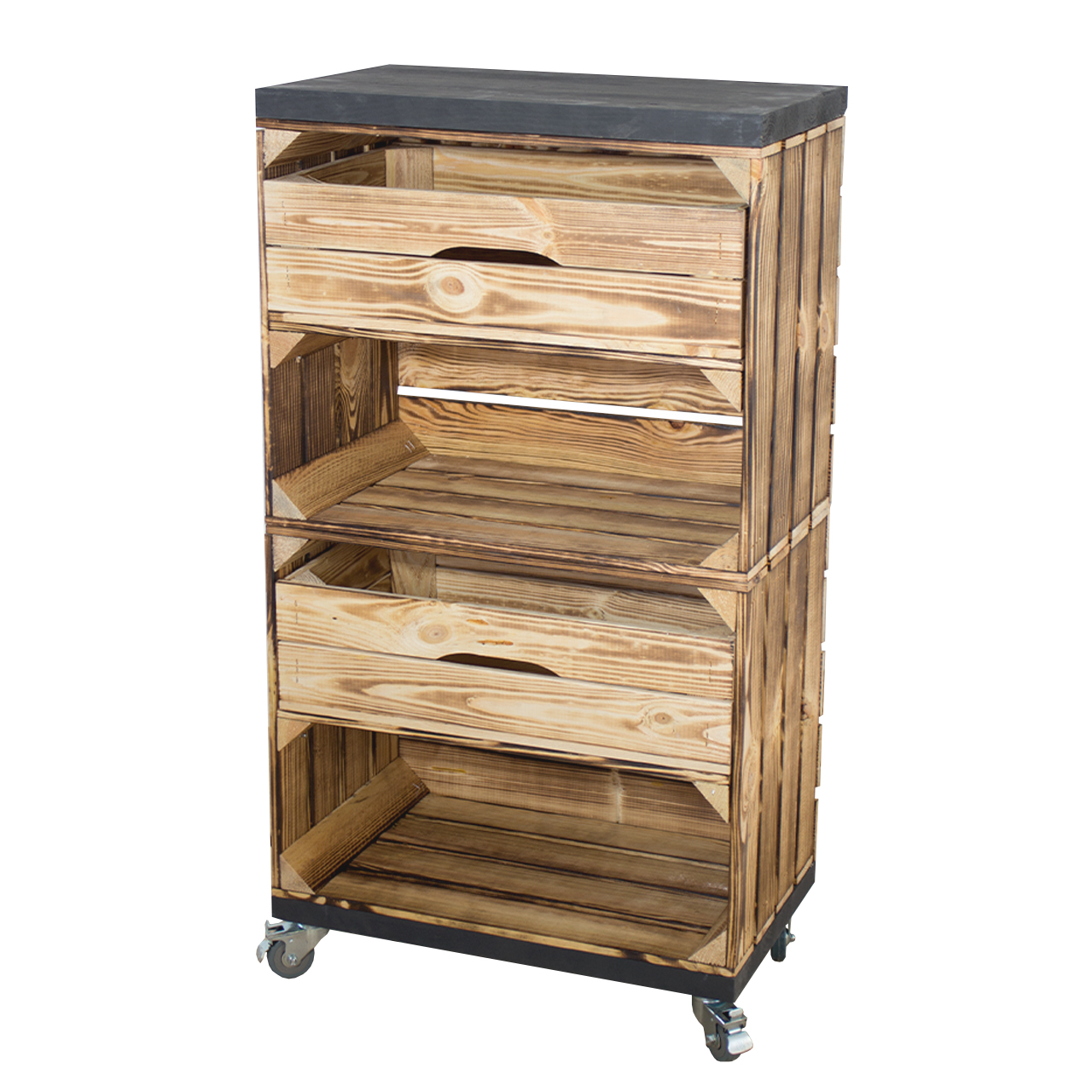 Regal aus zwei geflammten Obstkisten mit zwei Schubladen und zwei Bohlenbrettern in Schwarz, auf Rollen 93x50x30cm