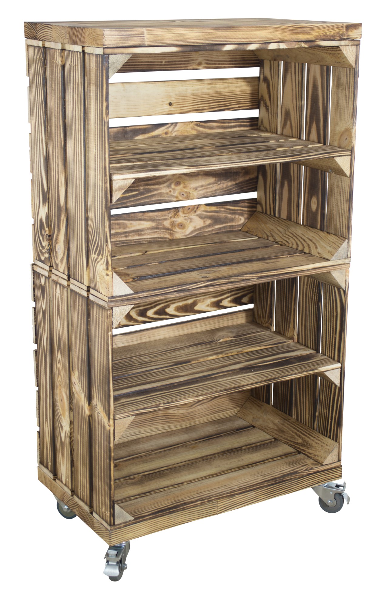 Regal aus zwei geflammten Obstkisten sowie zwei geflammten Bohlenbrettern auf Rollen 93x50x30cm Regal aus zwei geflammten Obstkisten sowie zwei geflammten Bohlenbrettern auf Rollen 93x50x30cm