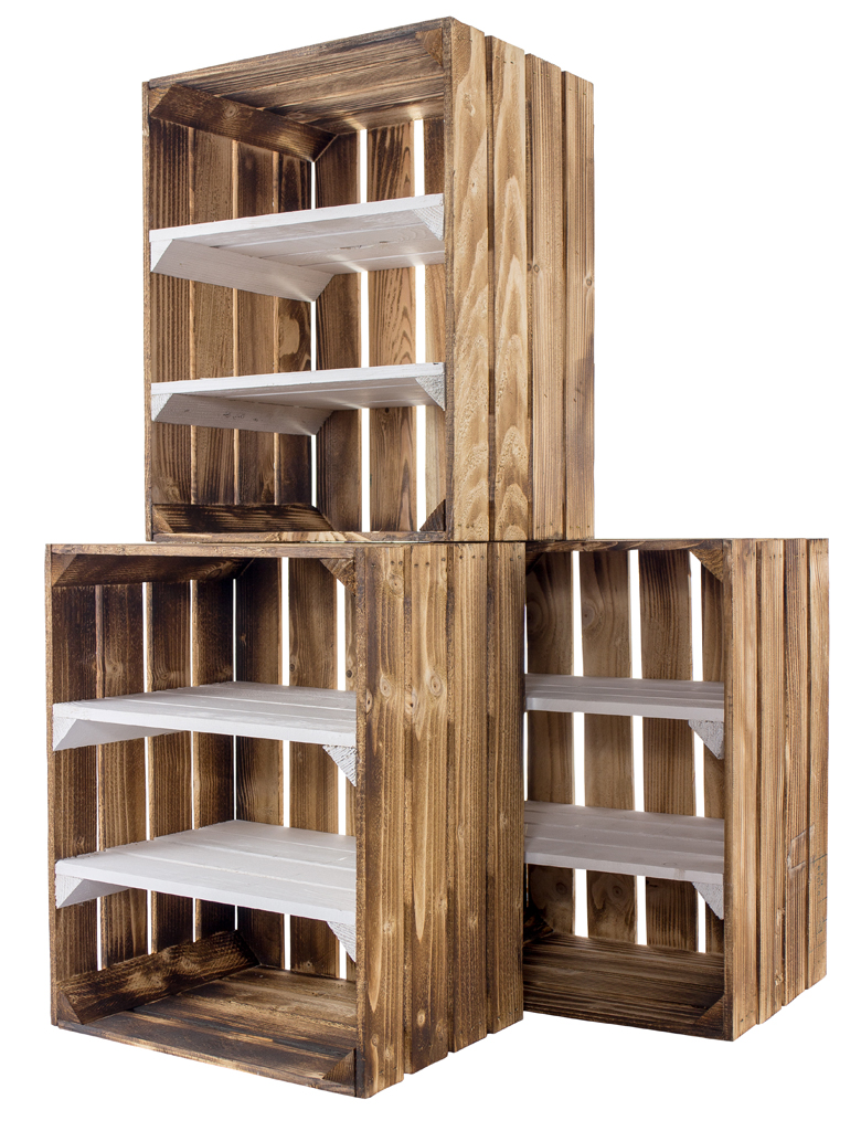 Geflammte Holzkiste mit 2 weißen Mittelbrettern -quer- 50x40x30cm