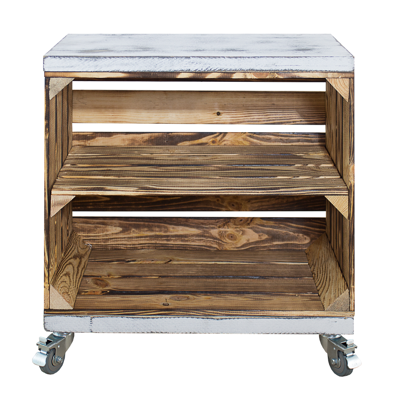 Regal aus geflammter Obstkiste mit Mittelbrett sowie 2 Bohlenbrettern in shabby weiß auf Rollen 53x50x30cm Regal aus geflammter Obstkiste mit Mittelbrett sowie 2 Bohlenbrettern in shabby weiß auf Rollen 53x50x30cm