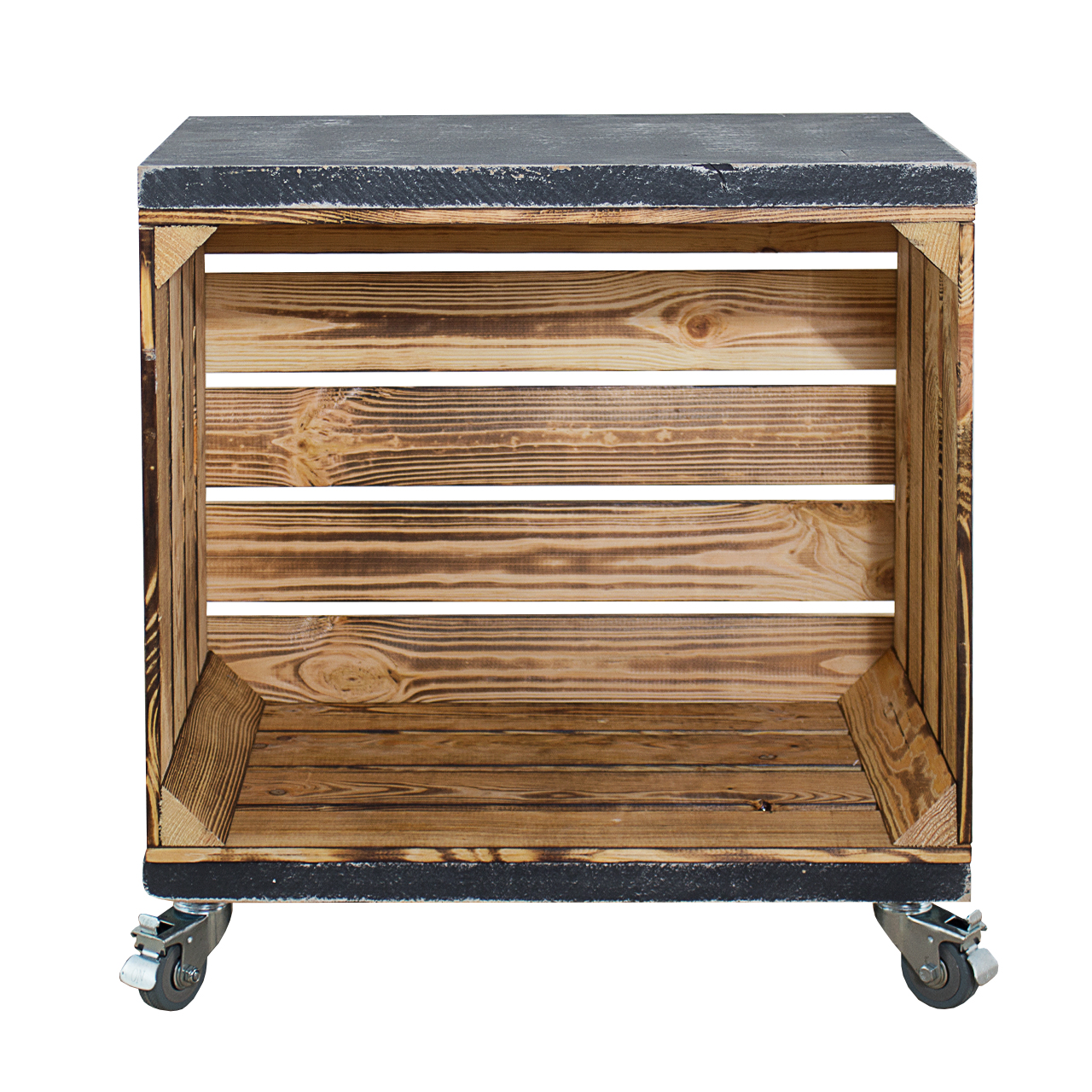 Regal aus einer geflammten Obstkiste mit 2 Bohlenbrettern in vintage grau auf Rollen 53x50x30cm Regal aus einer geflammten Obstkiste mit 2 Bohlenbrettern in vintage grau auf Rollen 53x50x30cm