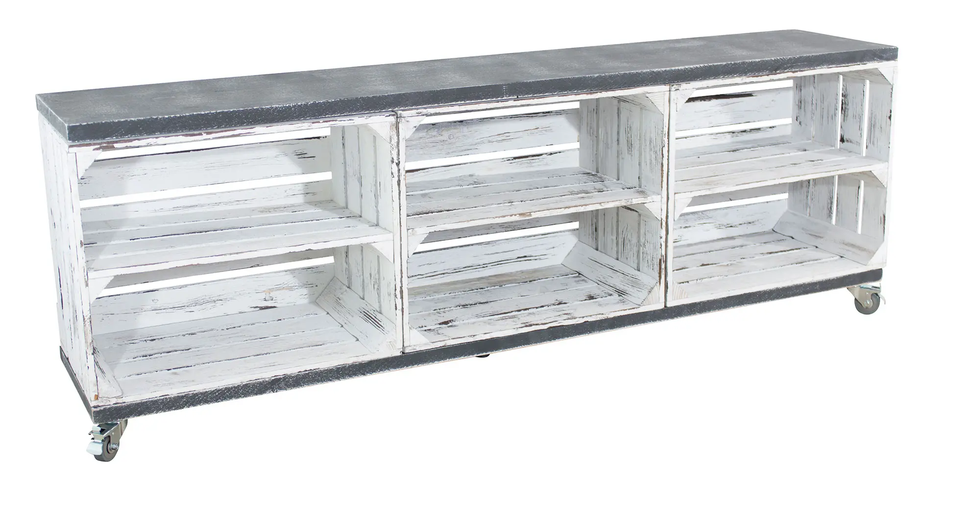 TV Schrank aus 3 Kisten in shabby weiß mit 2 Bohlenbrettern in shabby schwarz auf Rollen, 150x53x30 TV Schrank aus 3 Kisten in shabby weiß mit 2 Bohlenbrettern in shabby schwarz auf Rollen, 150x53x30