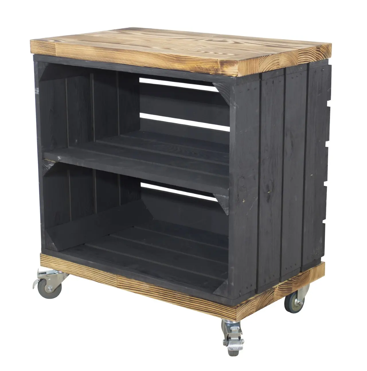 Rollkiste in schwarz mit 2 geflammten Bohlenbrettern auf Rollen 53x50x30cm Rollkiste in schwarz mit 2 geflammten Bohlenbrettern auf Rollen 53x50x30cm