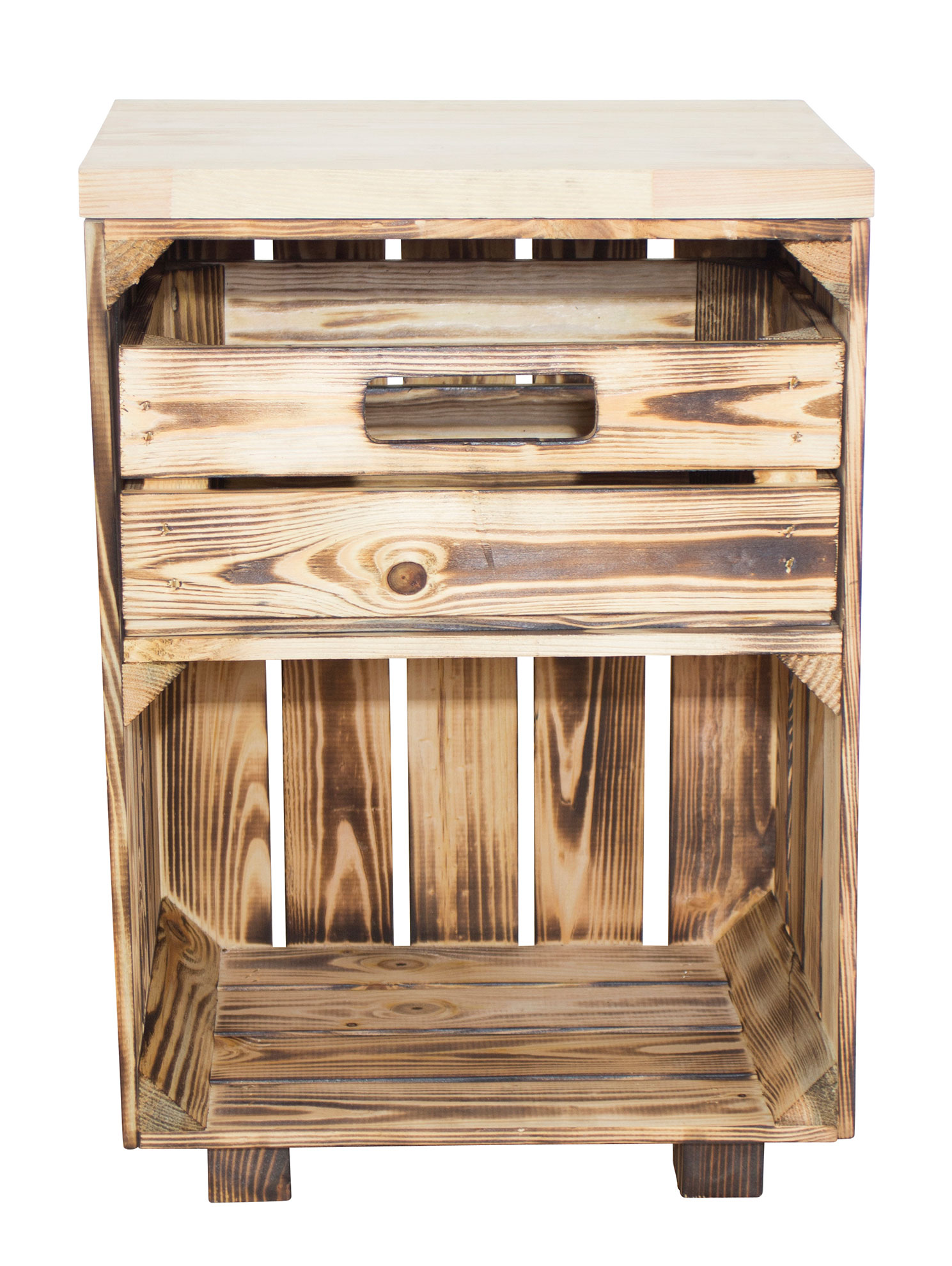 Geflammter Nachttisch mit Schublade und Bohlenbrett in natur auf Füßen 40x57x30 Geflammter Nachttisch mit Schublade und Bohlenbrett in natur auf Füßen 40x57x30