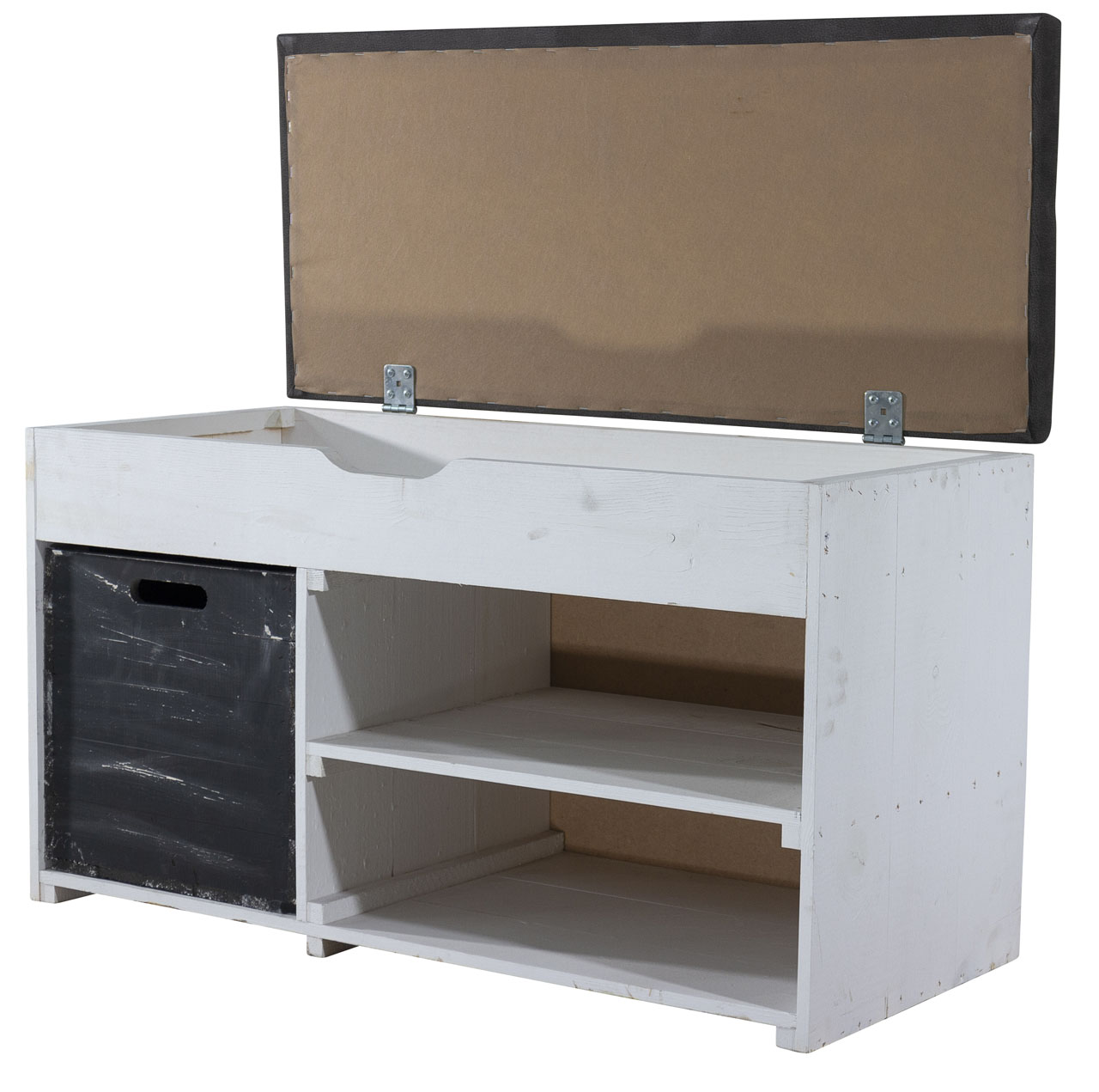 Weiße Sitzbank (Truhe) im Obstkisten Design mit Sitzpolster und Kallax Einschubkiste 90x52x39cm Weiße Sitzbank (Truhe) im Obstkisten Design mit Sitzpolster und Kallax Einschubkiste 90x52x39cm