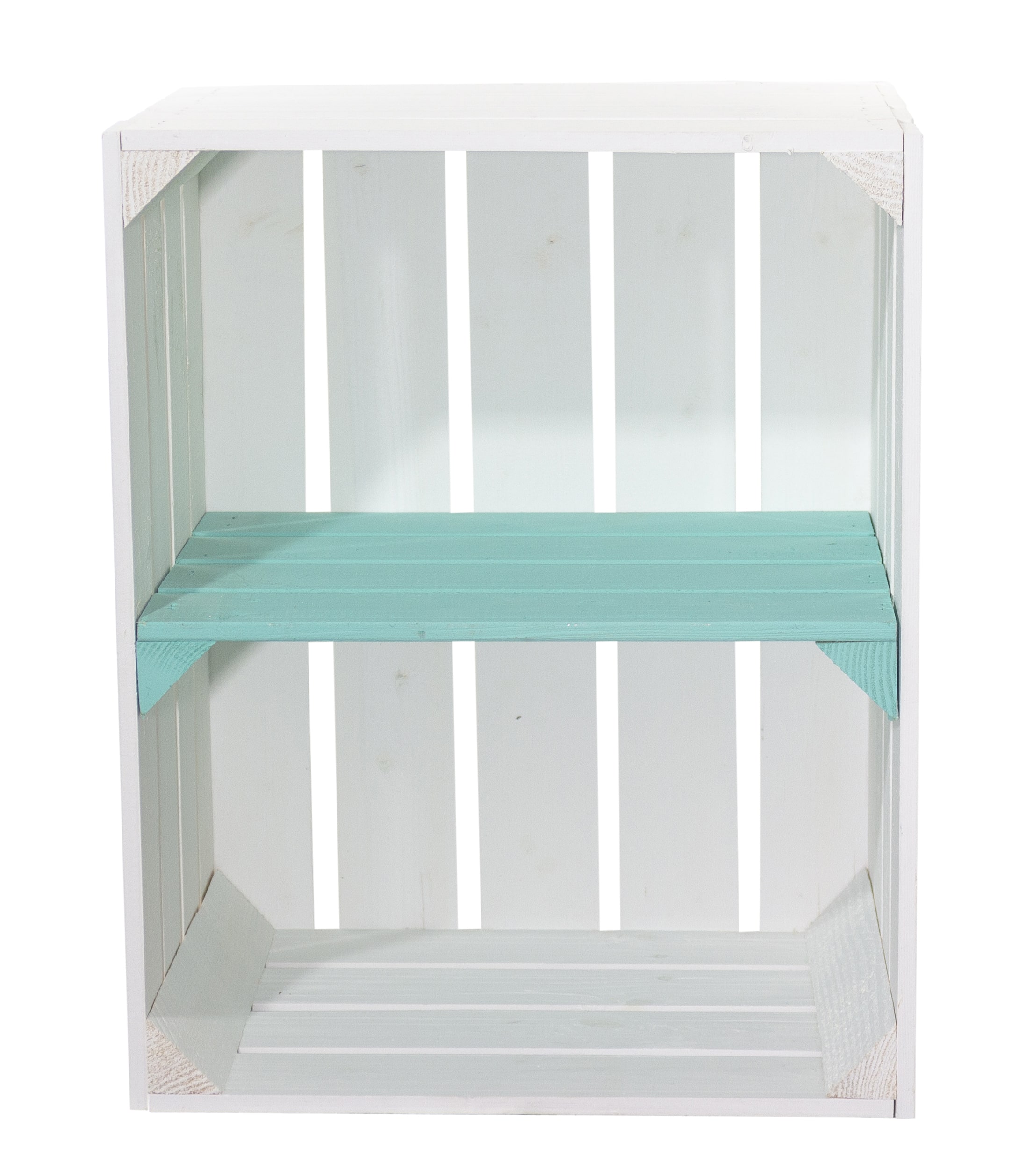 Weiße Obstkiste mit türkisem Mittelbrett -quer- 50 x 40 x 30cm Weiße Obstkiste mit türkisem Mittelbrett -quer- 50 x 40 x 30cm