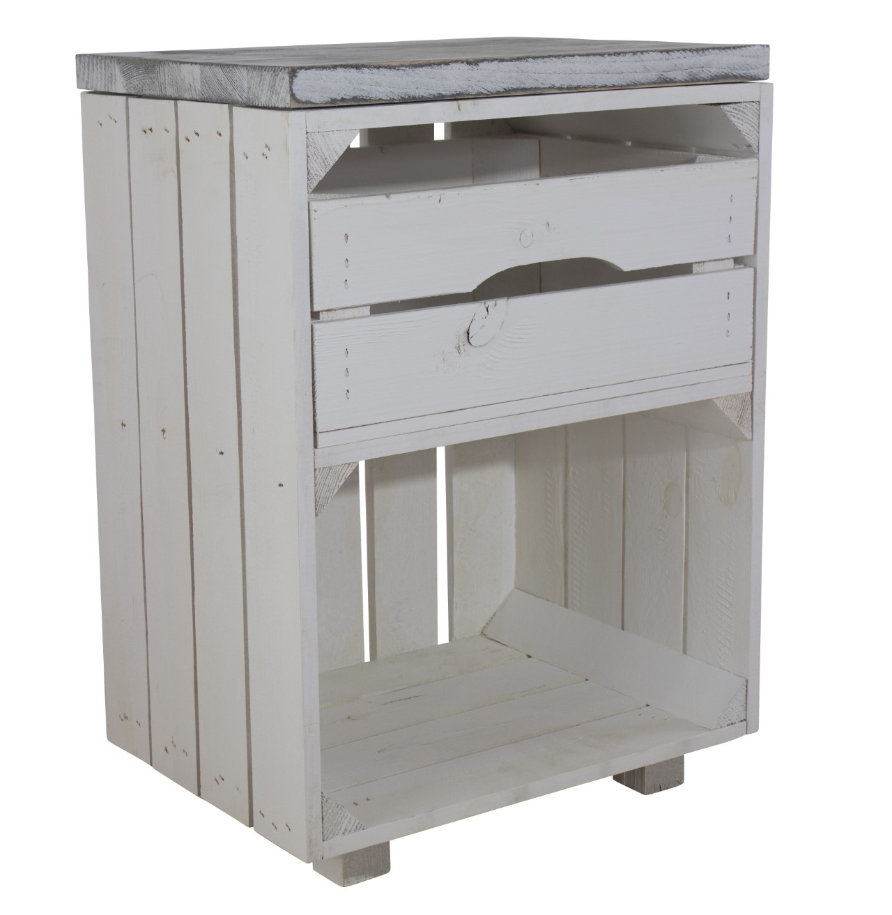 Weißer Nachttisch mit Schublade und einem Bohlenbrett in grau vintage 30,5x40x57cm