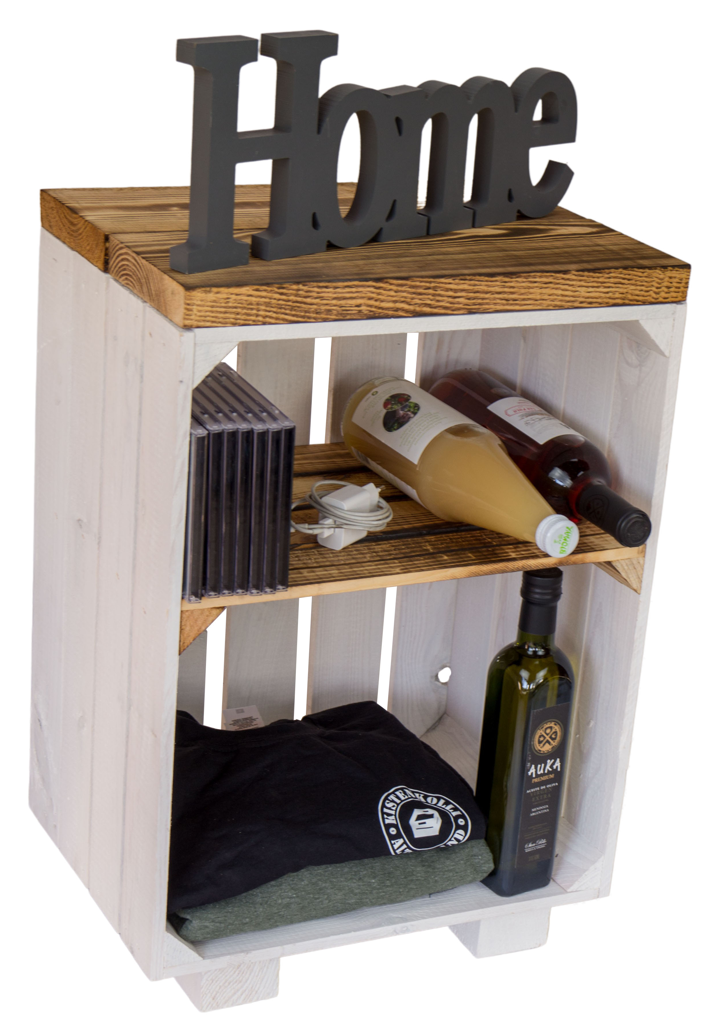 Nachttisch weiss mit geflammten Holzplanken mit Mittelbrett geflammt