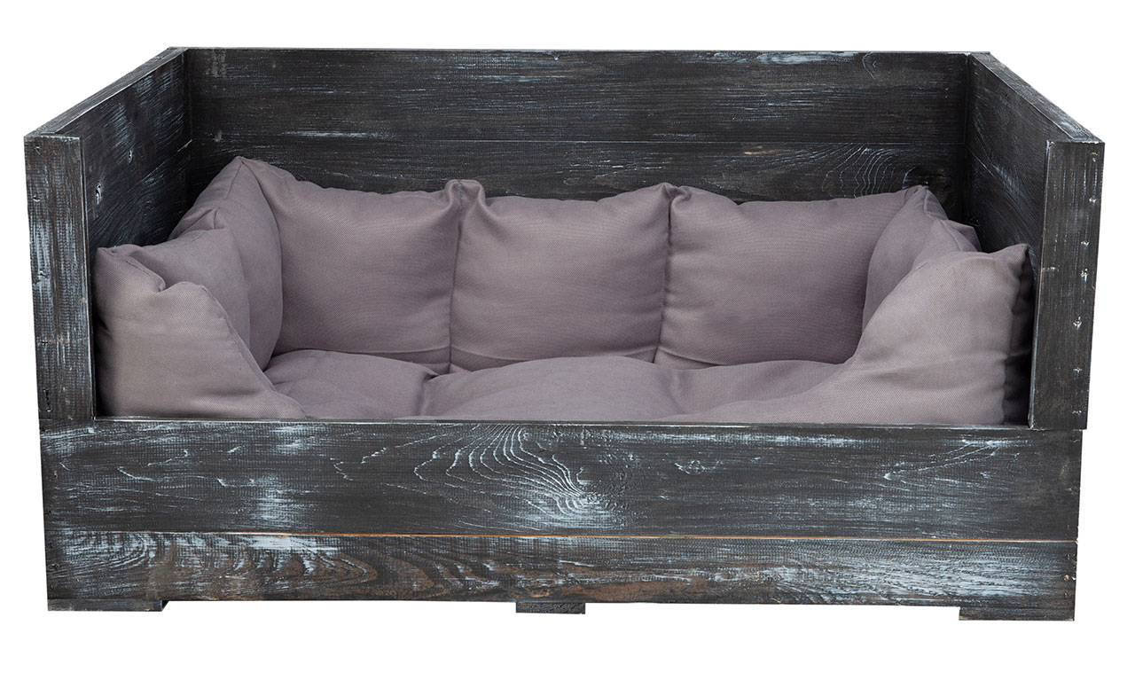 Hundebett "Balu" in schwarzem Holz mit Kissen 90x57x45cm Hundebett Balu shabby schwarz mit Kissen 90x57x45cm