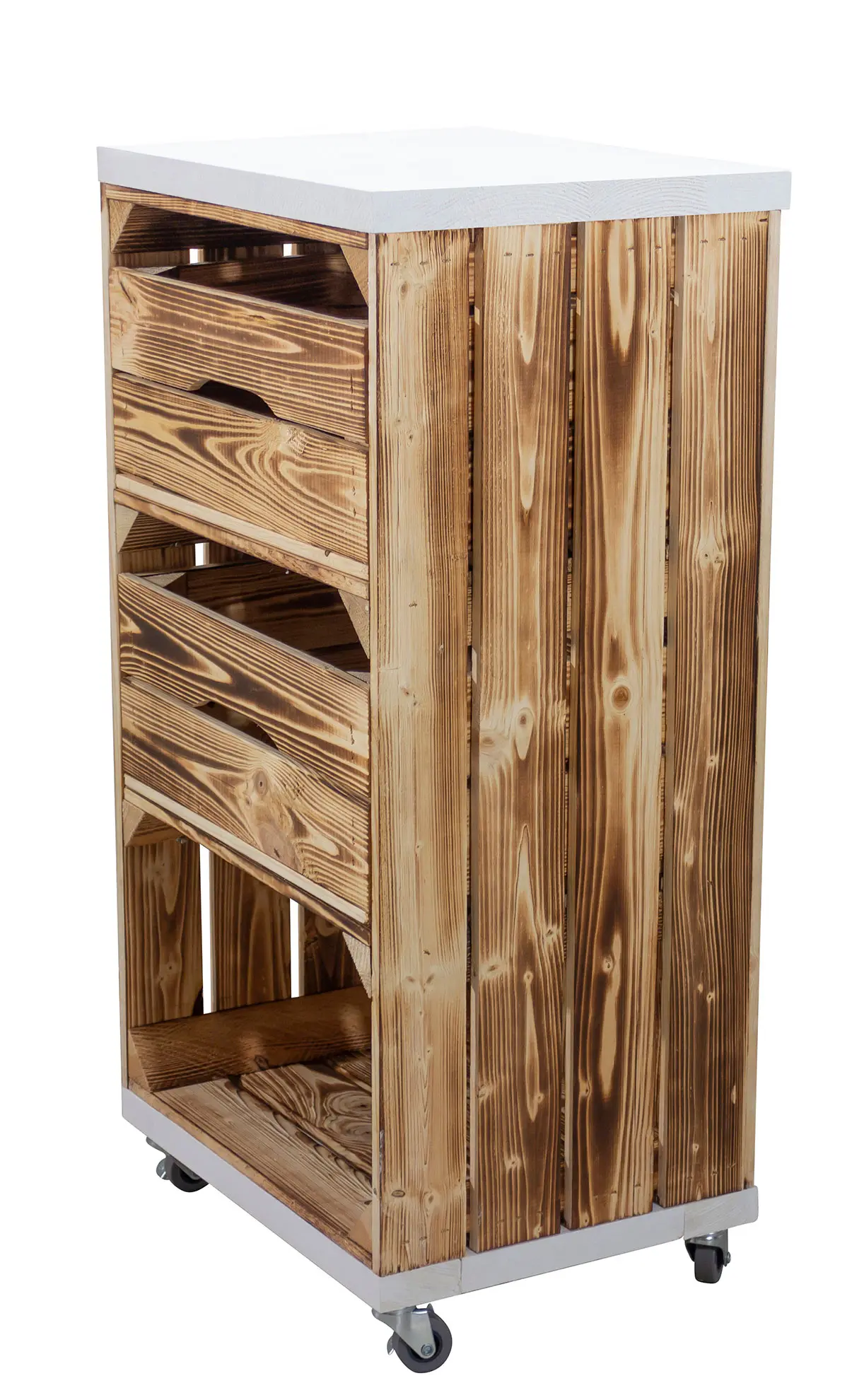 Regal aus einer schmalen geflammten Obstkiste mit zwei Schubladen und Bohlenbrett in Weiß, auf Rollen 40x79x31cm Regal aus einer schmalen geflammten Obstkiste mit zwei Schubladen und Bohlenbrett in Weiß, auf Rollen 40x79x31cm