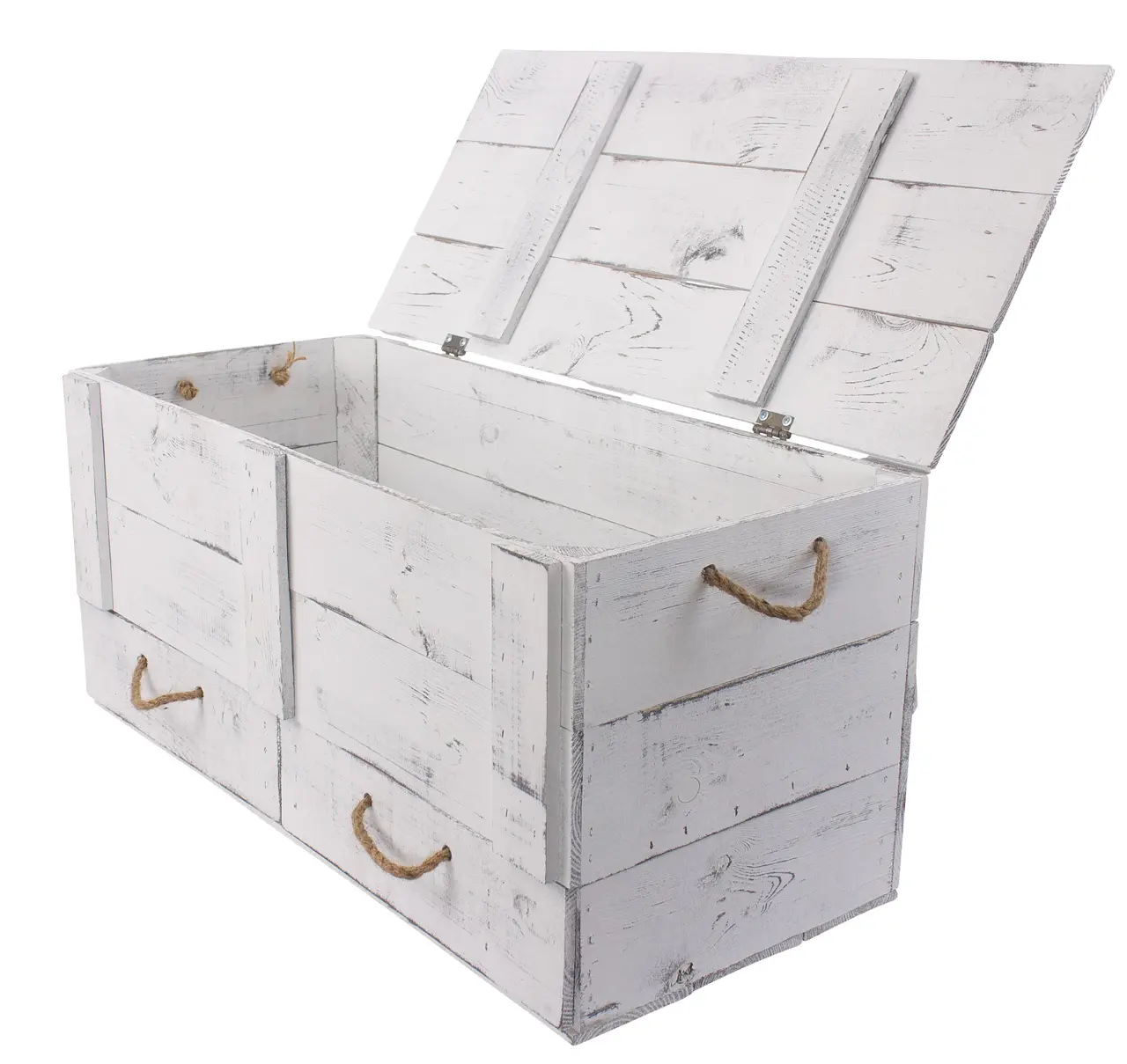 XXL Holztruhe Shabby mit 2 Schubladen und Kordel 85 x 39 x 40 cm